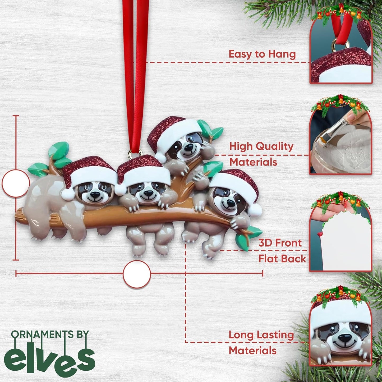 3D Sloth Family of 4 Christmas Ornament 2025 Personalized Family Christmas Ornaments 2025 | Holiday Hangout Sloths Personalized Tree Ornaments Customizable Gifts Tree Hanging Sloth of Four Ornament