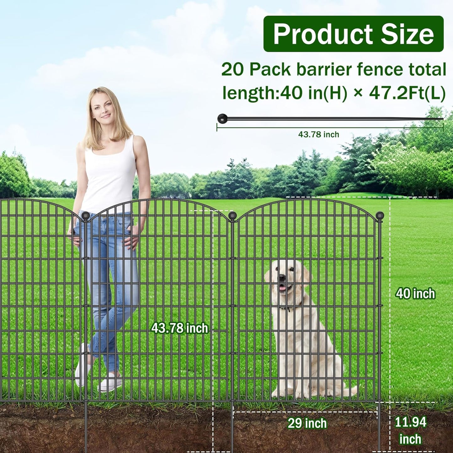 25 Panels Decorative Garden Fence with Gate - 32 in (H) x 59 ft (L) 24 Panels + 1 Gate - Dog Fence Outdoor for Yard，Rustproof Metal Animal Barrier Ground Stakes Fencing for Garden, Patio, Flower Bed
