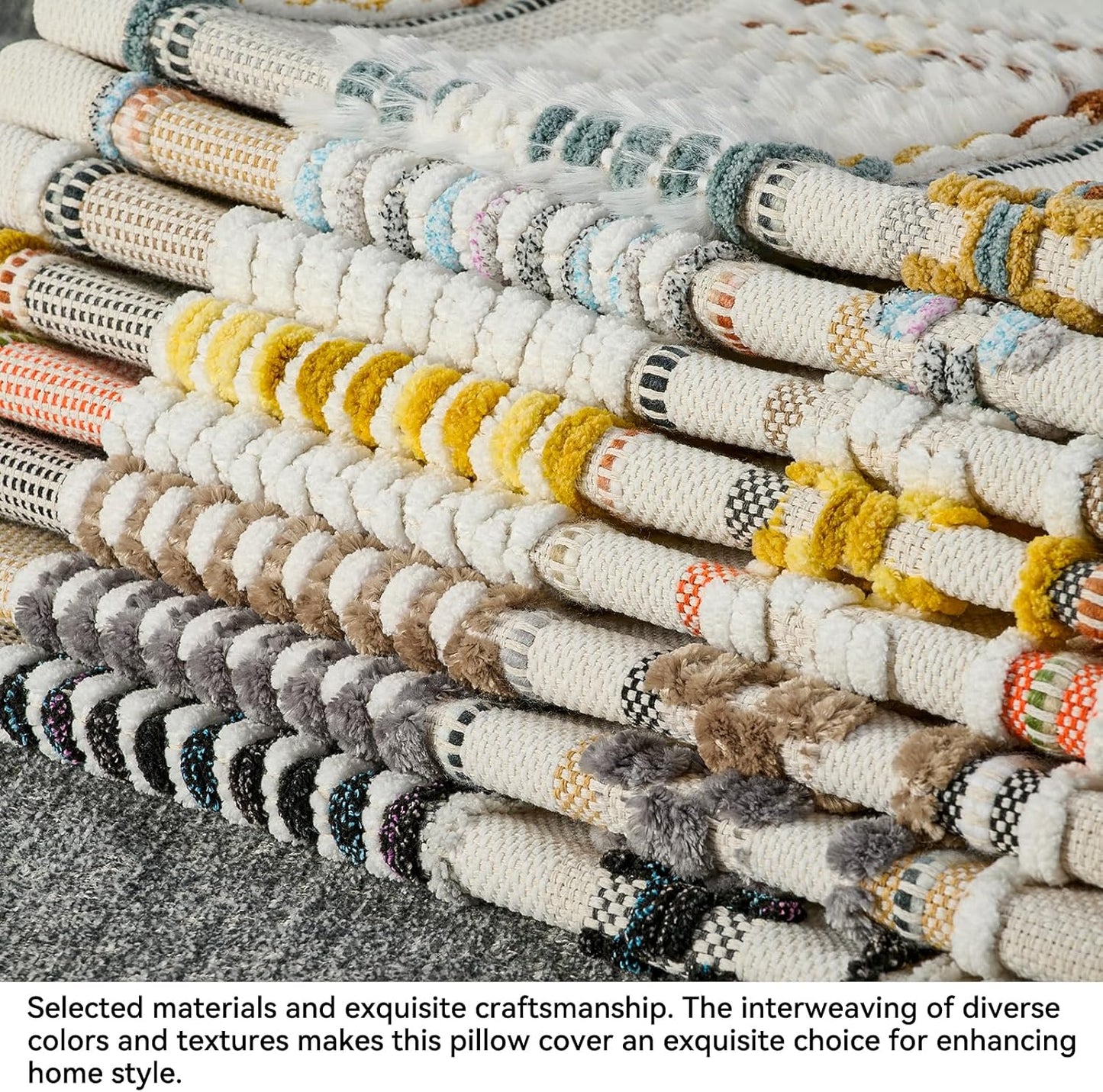 AmHoo Chenille Striped Tufted Textured Boho Throw Pillow Covers Aesthetic with Tassels Woven Decorative Pillow Case for Couch Bed Sofa Bedroom Modern Funky 18 x 18-Inch Brown White