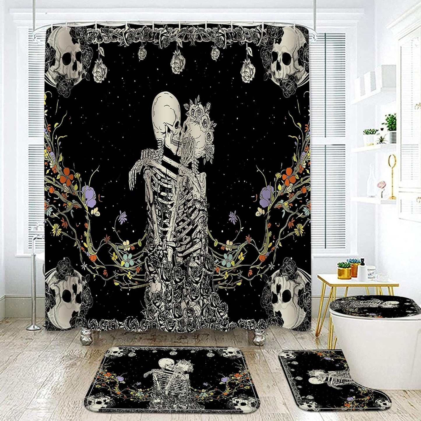 NEWSUYAA Halloween Decorations Shower Curtain Set with Non-Slip Rugs and Bath Mats, 4 Pcs Skull Black and White Skeleton Couple with Floral Bath Decor Toilet Cover Hooks Bathroom Accessory