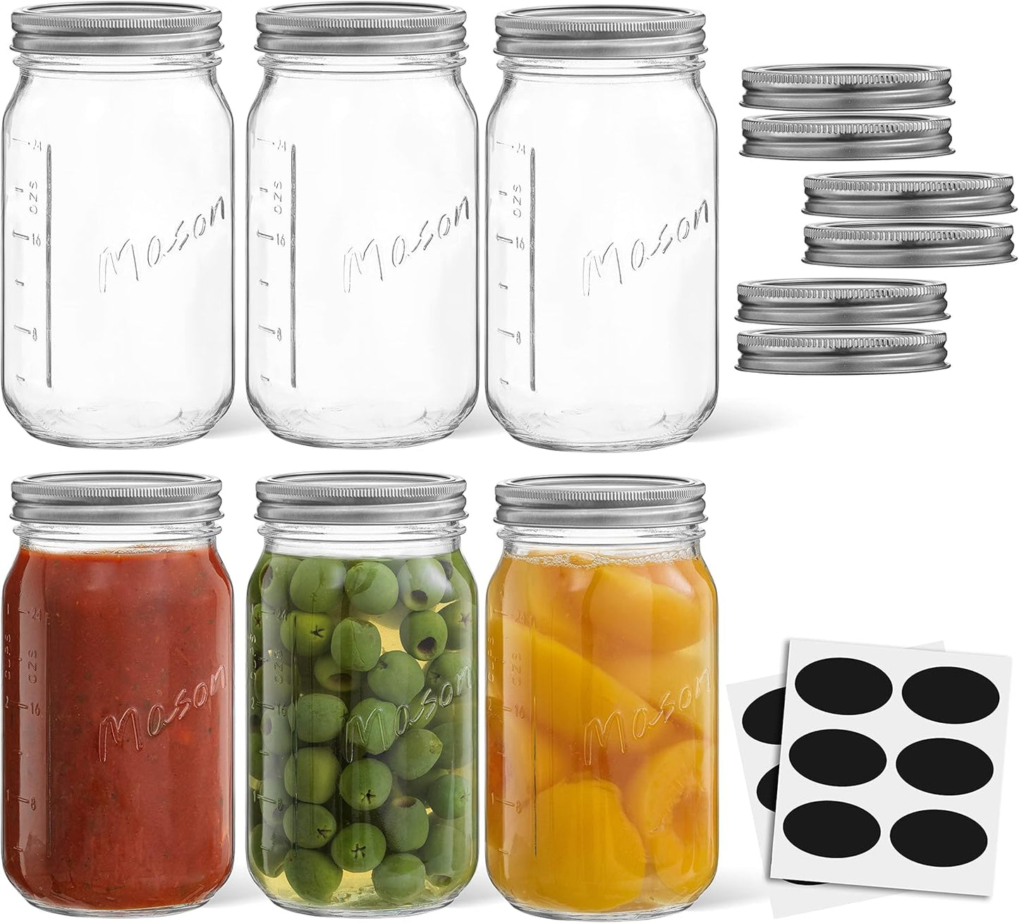 32 Oz Mason Jars With Lids, Labels and Measures! 6-Pack Wide Mouth Mason Jars, Glass Jar with Lid and Band. Airtight Canning Jars, Overnight Oats Jars, Salad Jars, Sourdough Starter Jar