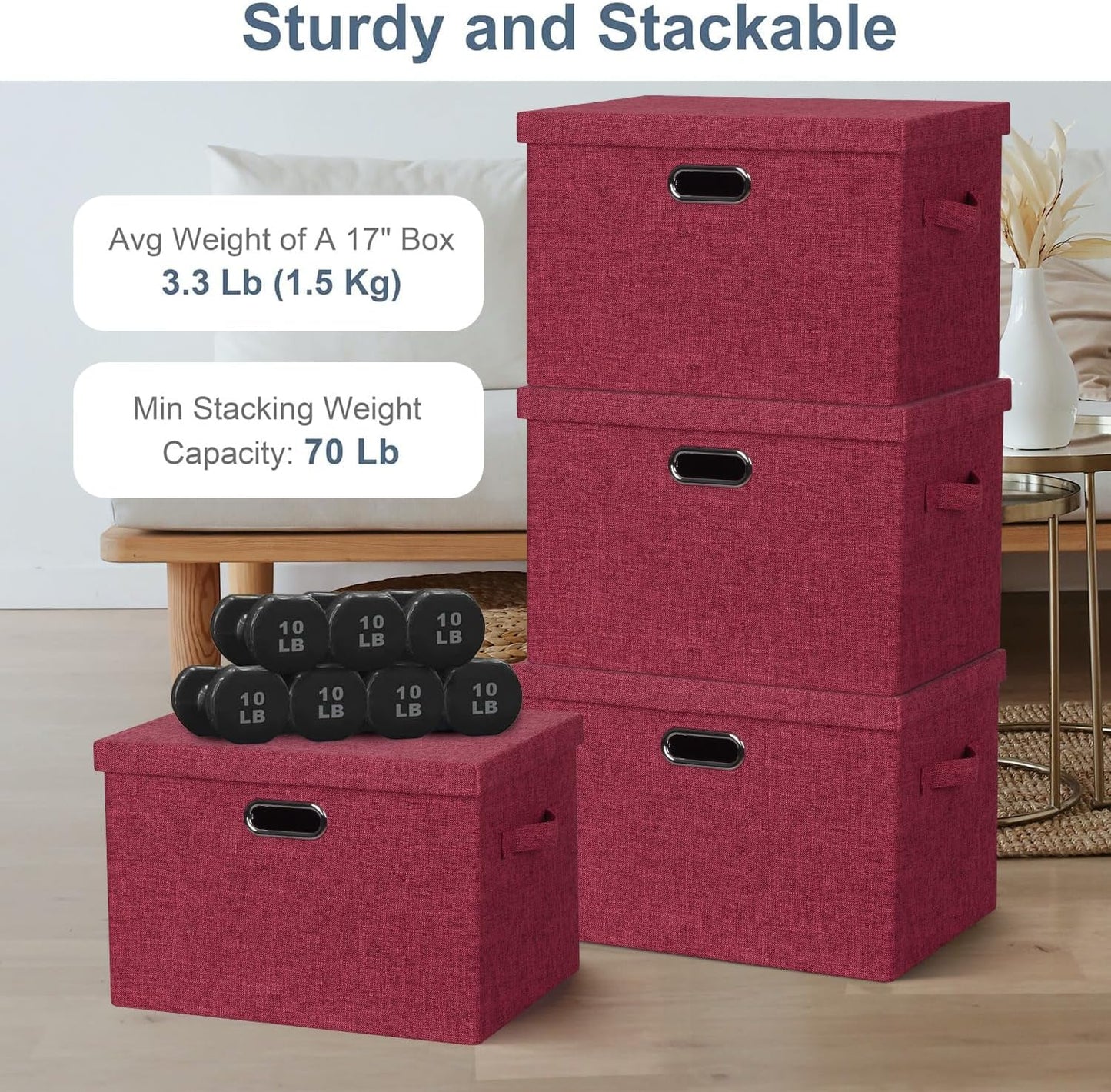 Large 17" 36 Quart Collapsible Stackable Storage Bins with Lids, 3 Packs Bright Red Linen Fabric Closet Boxes with Lids, Storage Cube Baskets Container Organizers for Office (17x12x11)