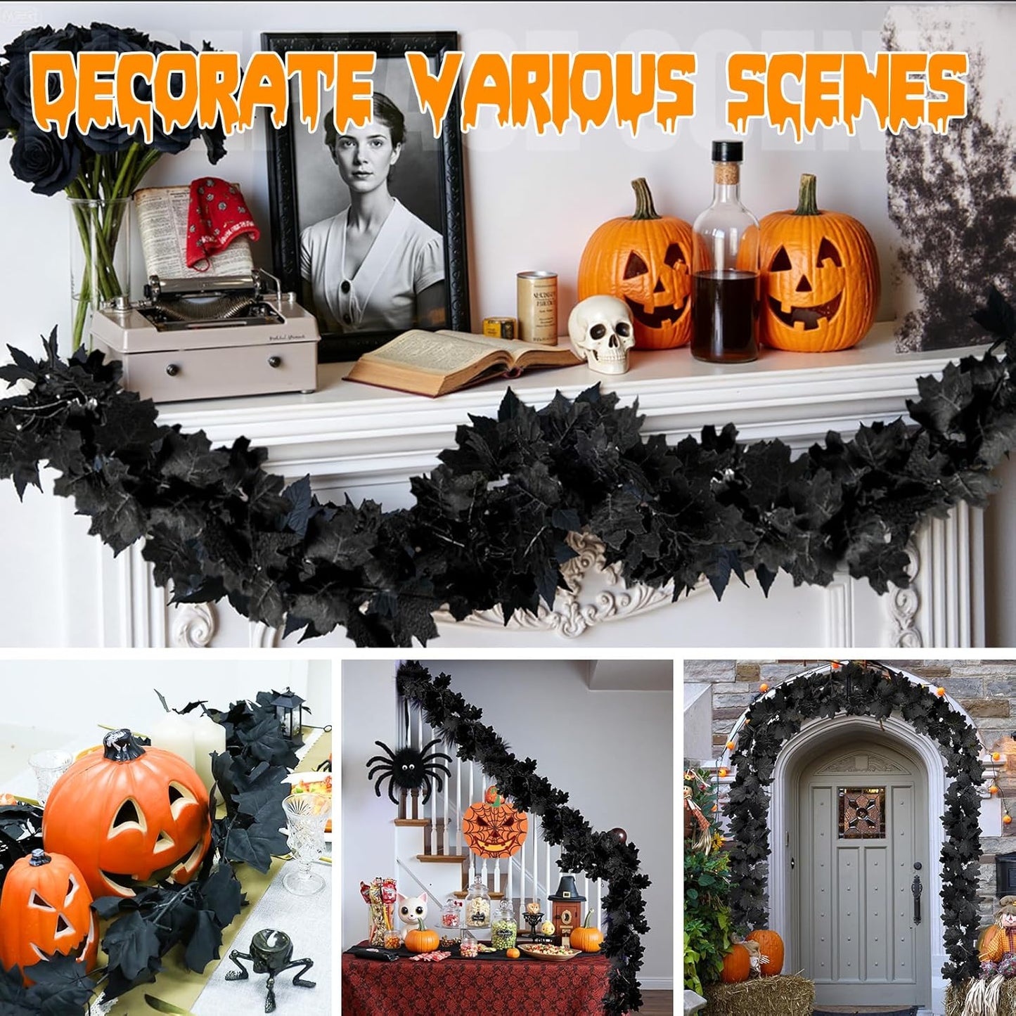 Joyhalo 2 Pack Halloween Garland, 5.7FT Black Leaf Garland for Mantle, Artificial Hanging Black Maple Leaves Vines, Spooky Halloween Outdoor Floral, Haunted Mansion, Fireplace, Fall Decor