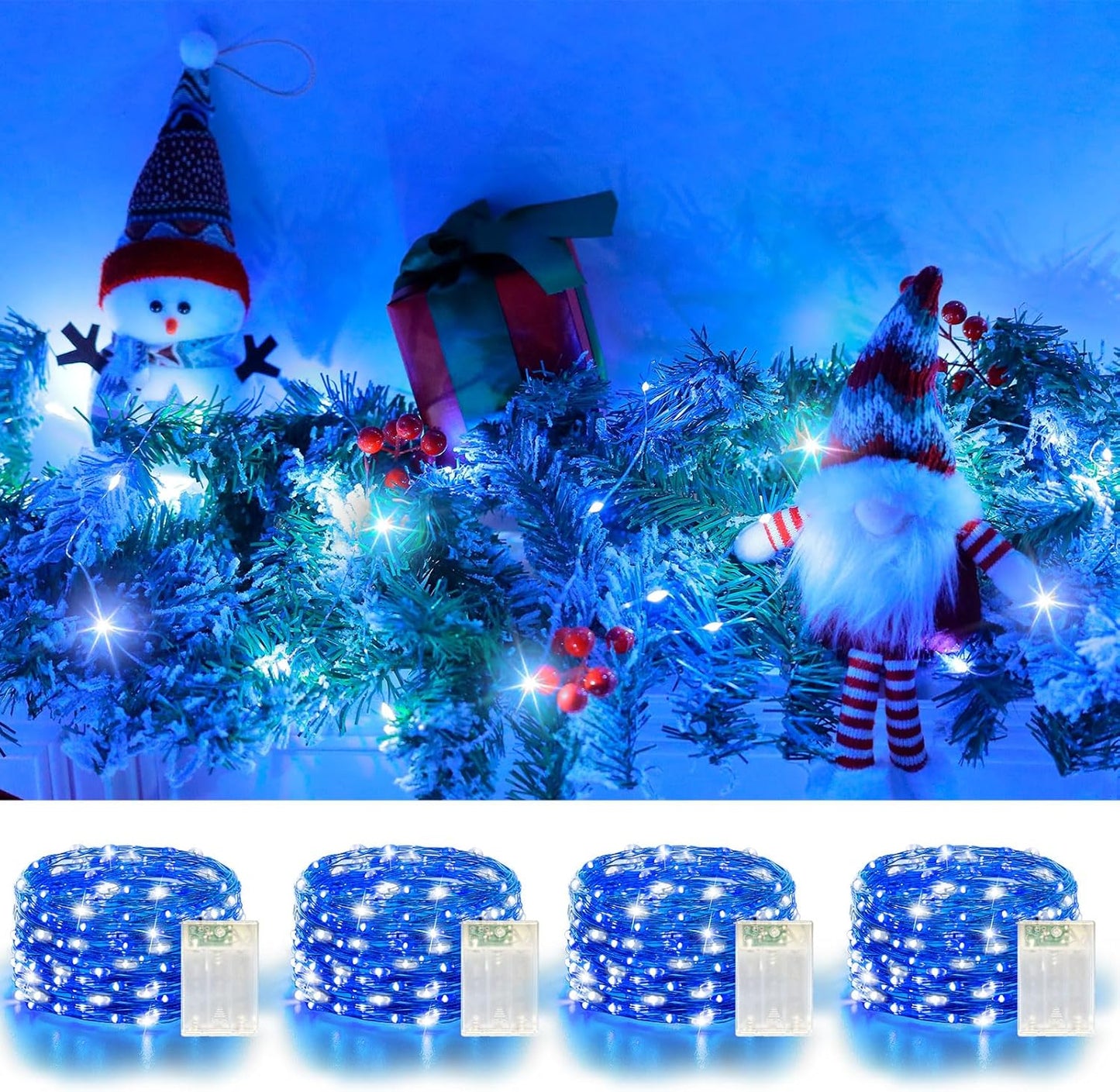 4 Pack 60LED Christmas Fairy Lights Battery Operated - 20FT Twinkle Lights with 2 Lighting Modes Indoor, Waterproof Led Fairy String Lights for Bedroom, Classroom, Dorm, DIY Decor, Blue & White