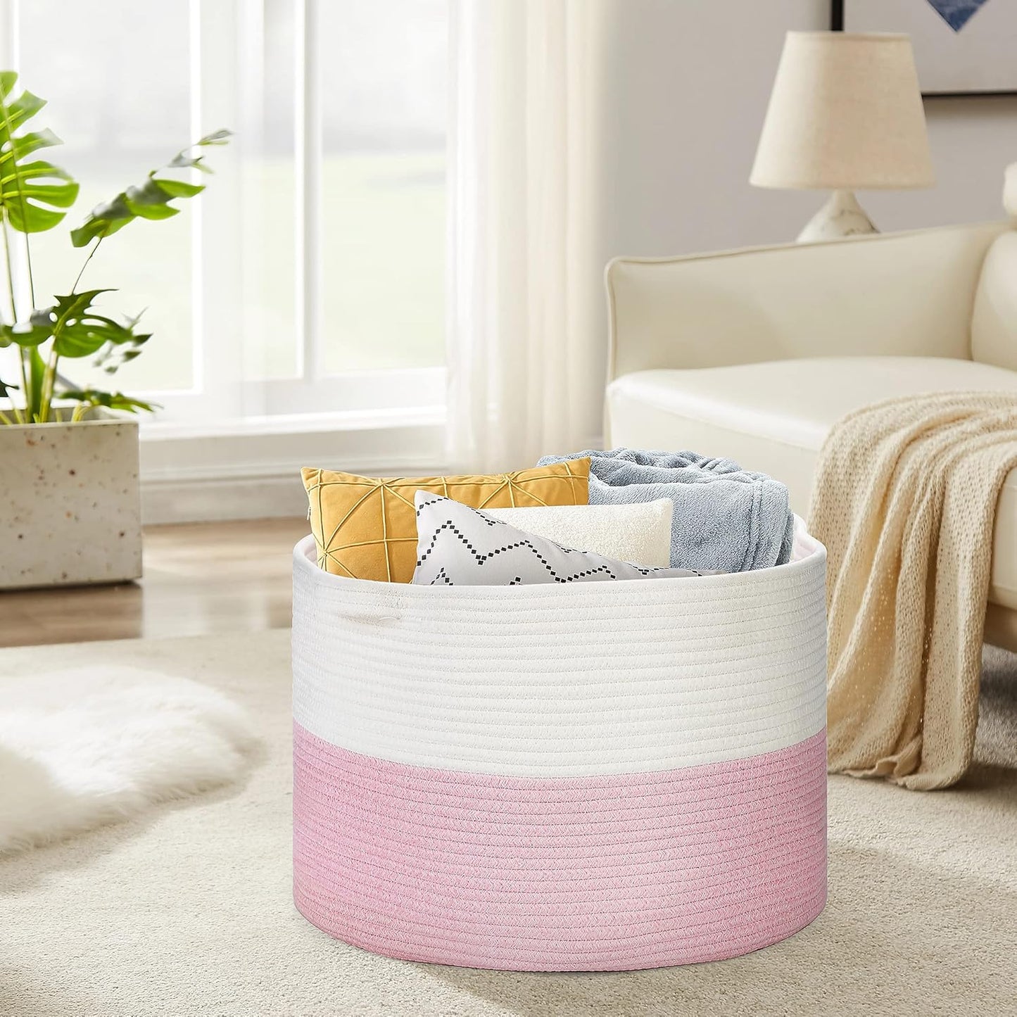 Ravinte Blanket Basket - 20"x 20"x 13" Cotton Rope Basket for Living Room, Baby Toy Storage Basket, Large Woven Laundry Basket (White-Pink)