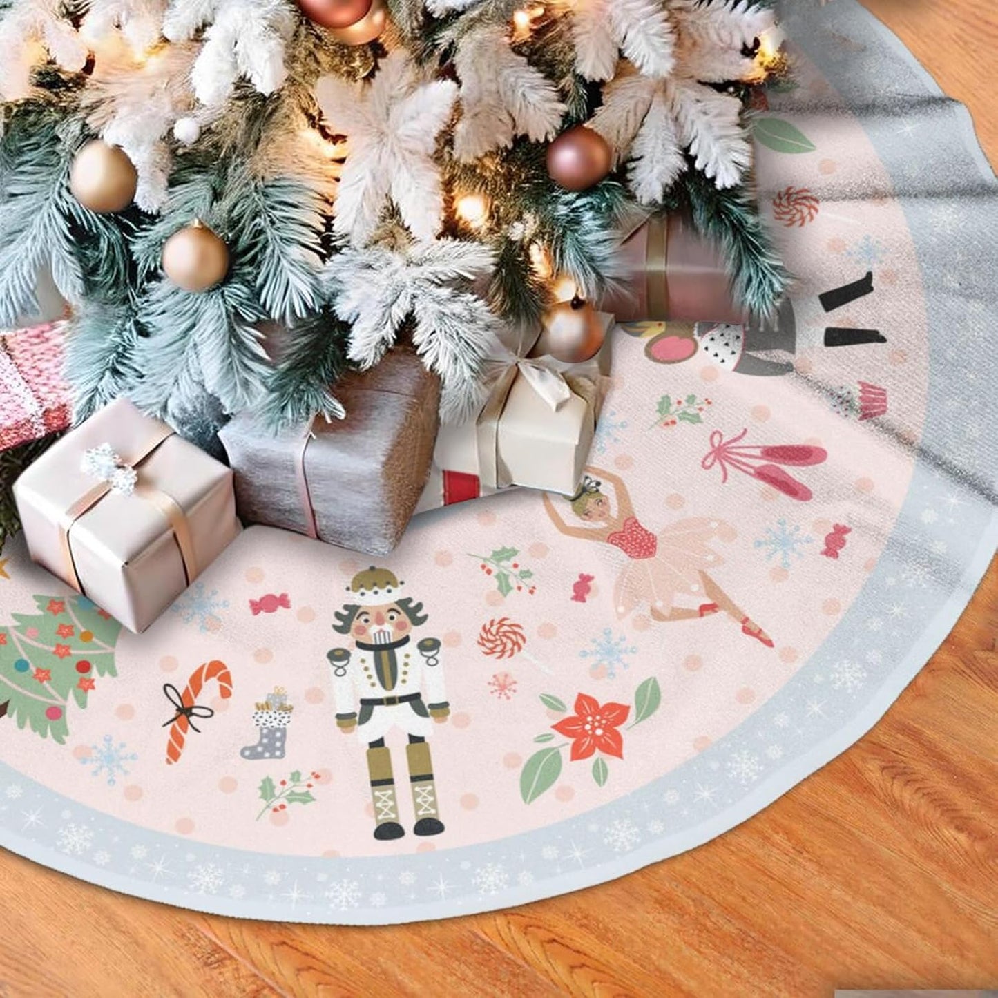 48" Large Christmas Tree Skirt, Cute Nutcracker Candy Pattern Tree Mat Base Cover for Xmas Festive Holiday Party Decoration Ornaments
