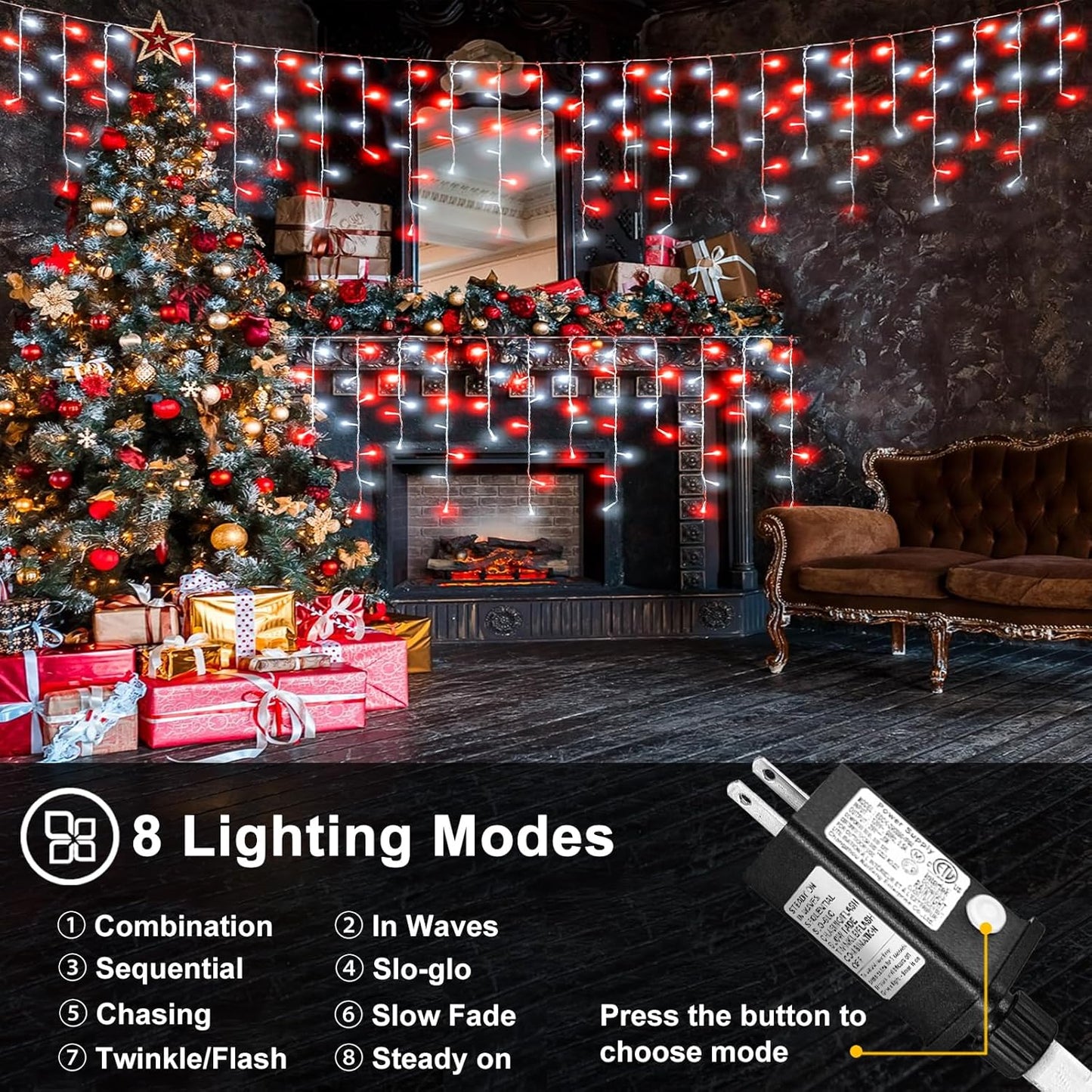 33ft Red and White Christmas Lights, 400 LED Icicle Lights for Outside, Clear Wire Connectable Twinkle Light with 8 Modes Timer Waterproof for House Window Party Tree Holiday Patio Yard Home Decor