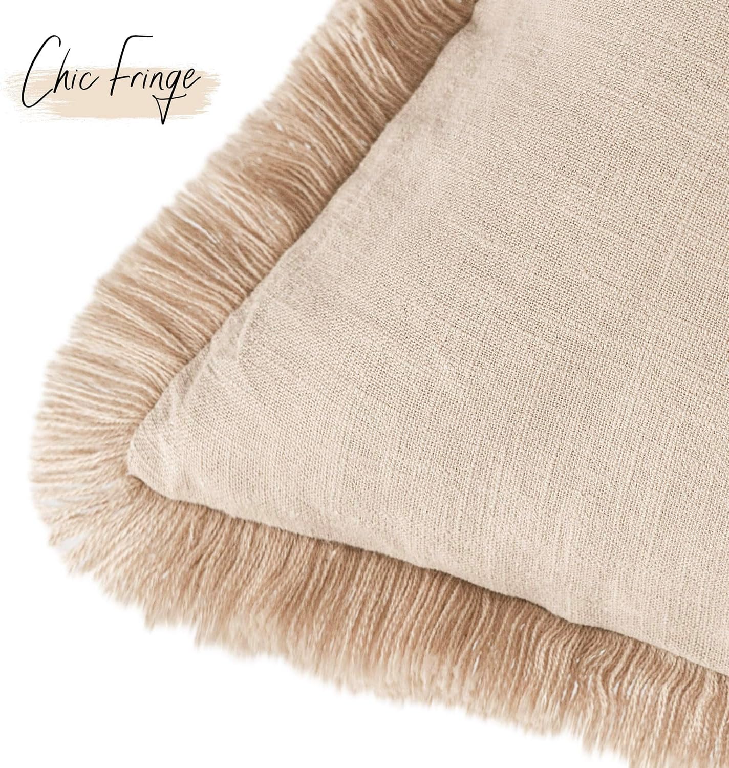 Foindtower Set of 2 Decorative Linen Fringe Lumbar Throw Pillow Covers Boho Farmhouse Cushion Cover with Tassels Soft Accent Pillowcase for Couch Sofa Bed Living Room Home Decor,12×20 Inch,Tan Beige