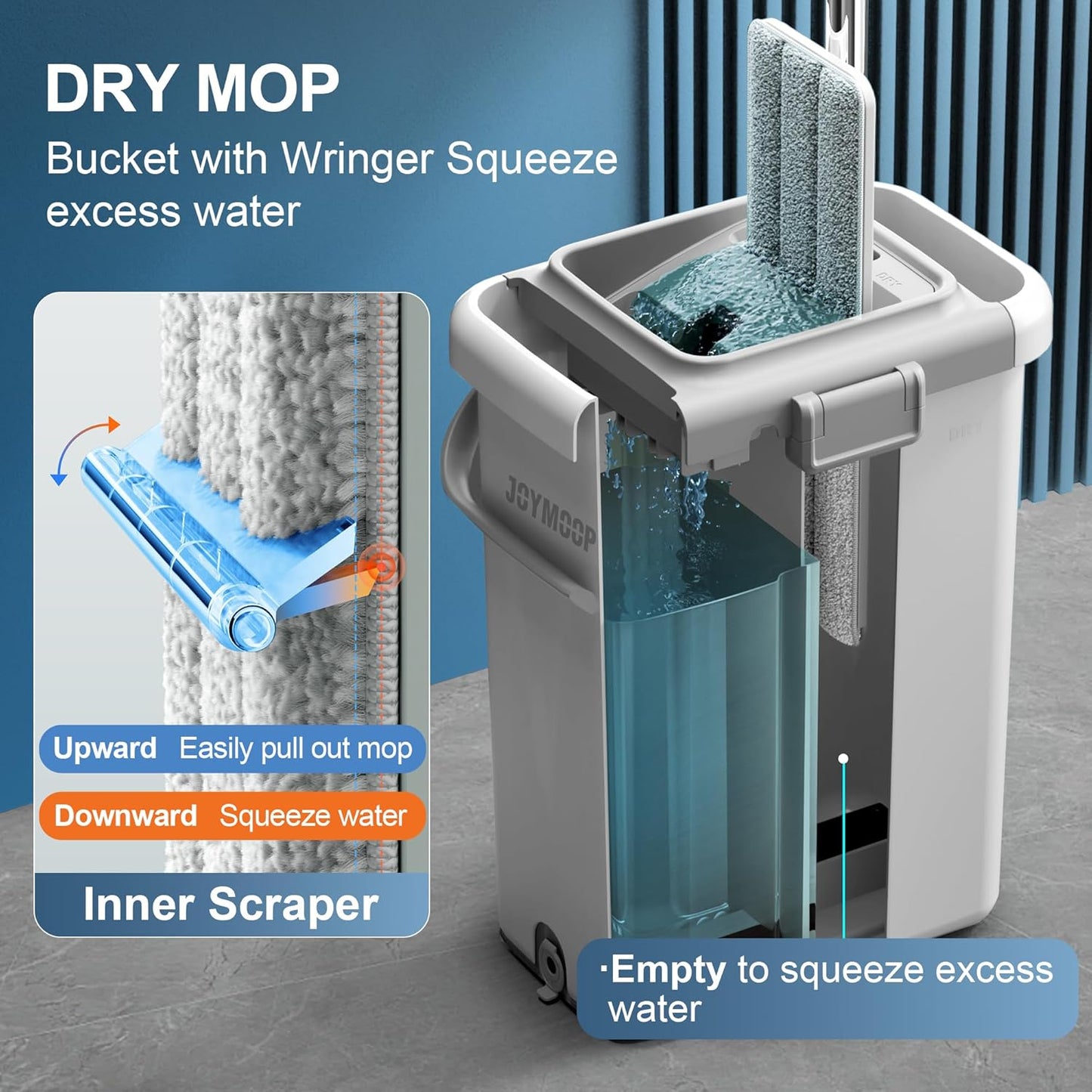 JOYMOOP Mop and Bucket with Wringer Set, Flat Squeeze Mop with Bucket (X-Large), Dust Mop for Wall Cleaner with Long Handle, Microfiber Mop - White Bucket with 5 Reusable 15" Pads