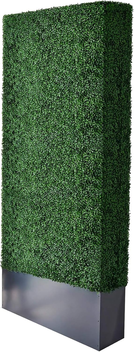 AGPL Upgraded Artificial Boxwood Hedge Wall with Dark Gray Stainless Steel Planter (96" Height 48" Width 12" Deep) Outdoor and Indoor Backdrop Divider Privacy Screen and Decorative Wall