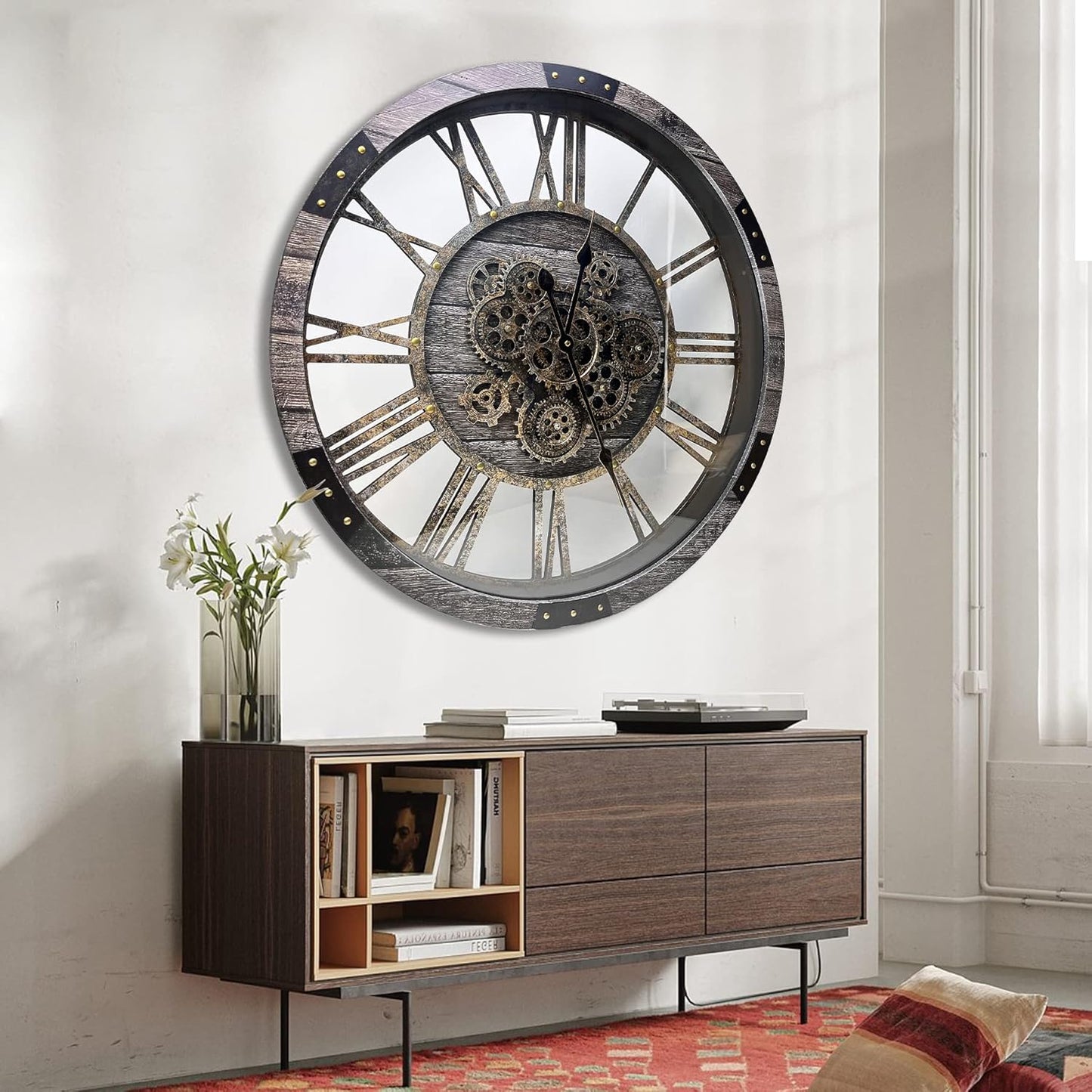 DORBOKER 40" Original Moving Gears Wall Clock, Large Industrial Wall Clock for Living Room Decor,Oversized Wood Vintage Farmhouse Steampunk Rustic Clocks for Wall Decor,Carbon Gray
