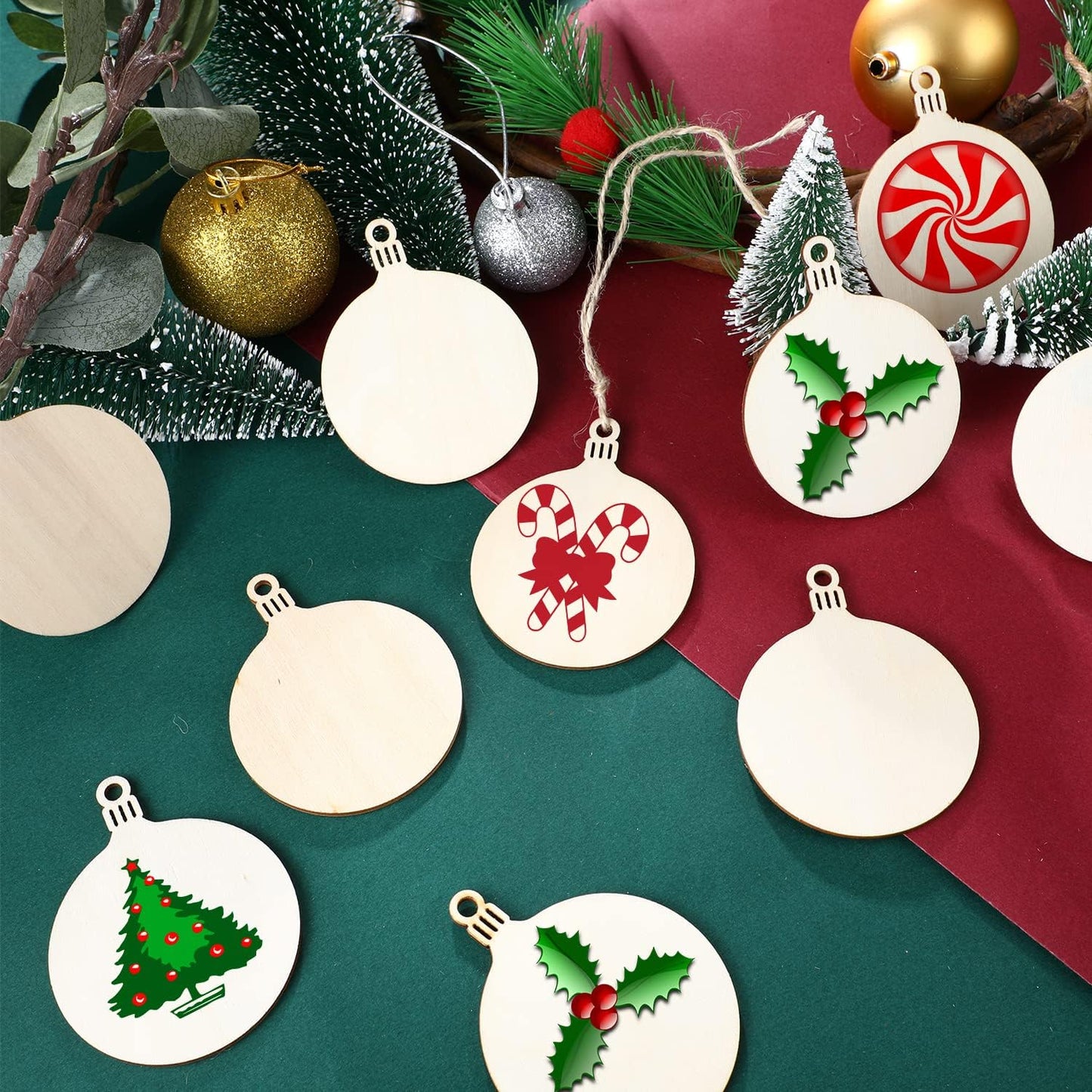 Blulu 100 Pieces Christmas Wooden Ornaments Star Round Wood Slices Wood Snowflake Angel Shape Christmas Tree Hanging Embellishments with 100 Pieces Cords (Style 3)