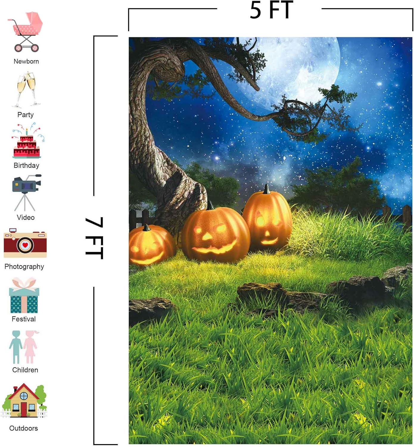5x7FT Halloween Backdrop for Photography Grass Pumpkin Moonlight Decoration for Portrait Background Party Banner Photo Booth Shoot Props