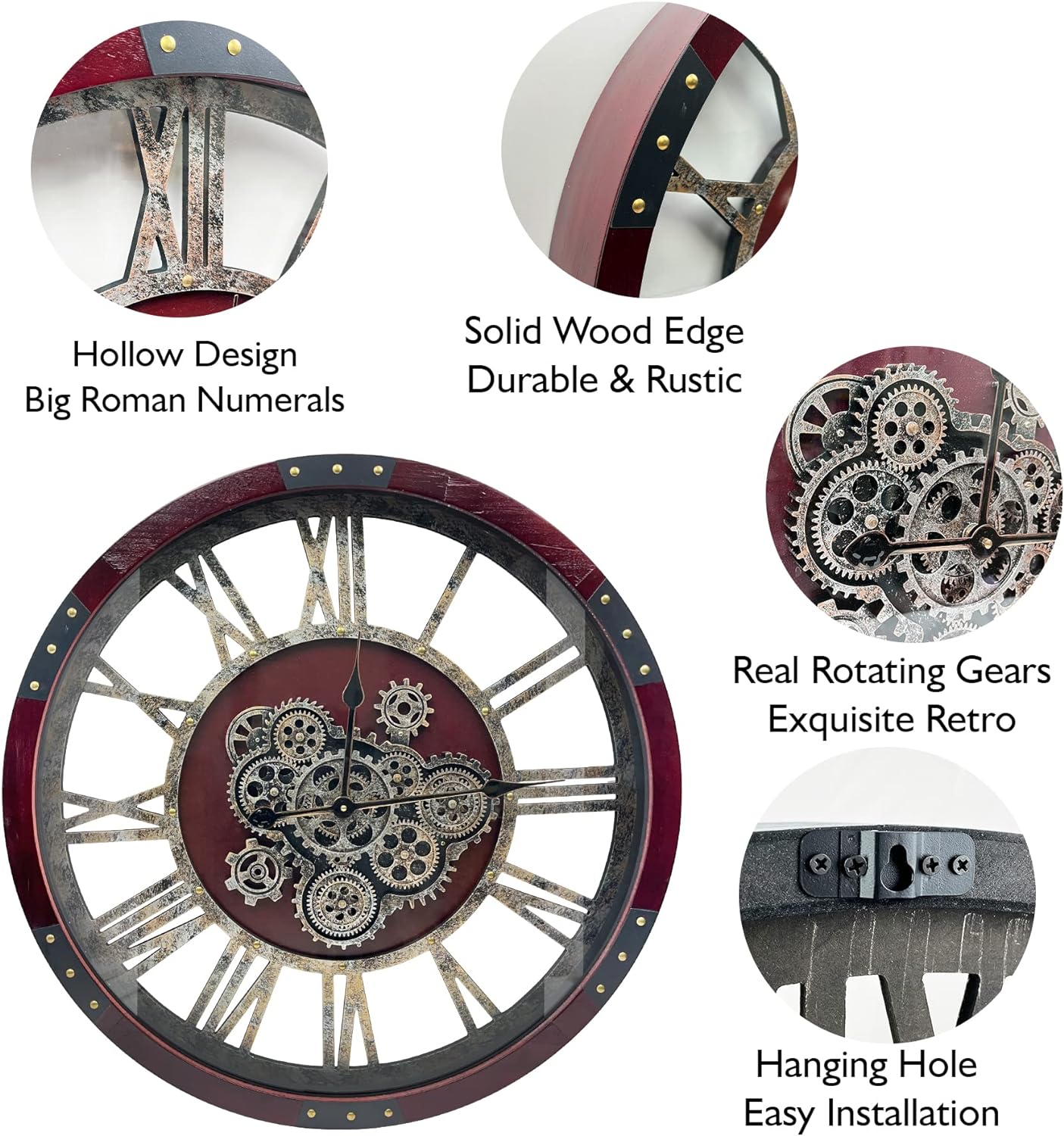 DORBOKER 36" Original Moving Gears Wall Clock, Large Industrial Wall Clock for Living Room Decor,Oversized Wood Vintage Farmhouse Steampunk Rustic Clocks for Wall Decor,Cherry Red