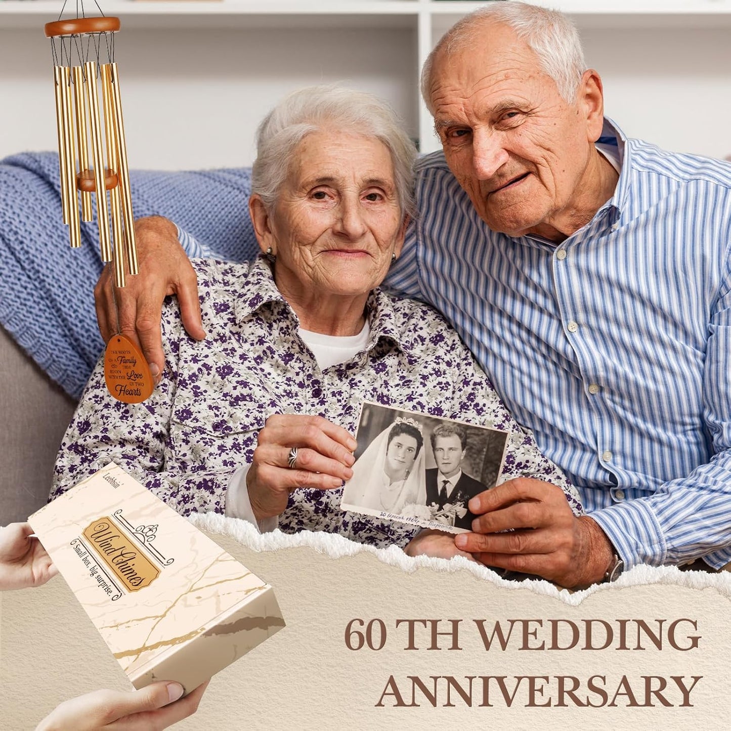 60th Wedding Anniversary Wind Chime, Happy 60th Anniversary Romantic Gifts for Couple, Parents, Wife, Husband, Friends, Diamond Wedding Anniversary's Keepsake Gifts Ideas