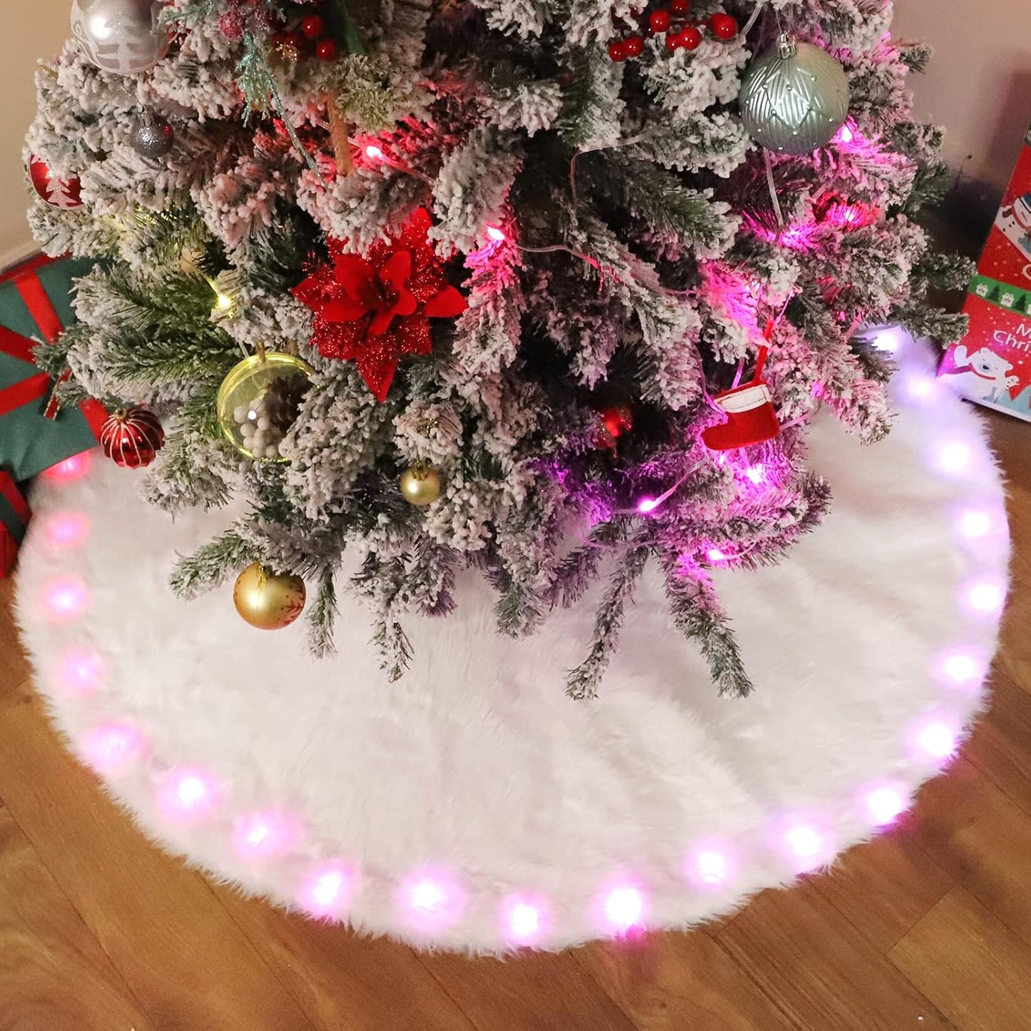 48 Inch Faux Fur Christmas Tree Skirt with Lights Soft Snow White Plush Tree Mat Christmas Decorations Fluffy Tree Skirts Xmas Holiday Party Indoor Decorations