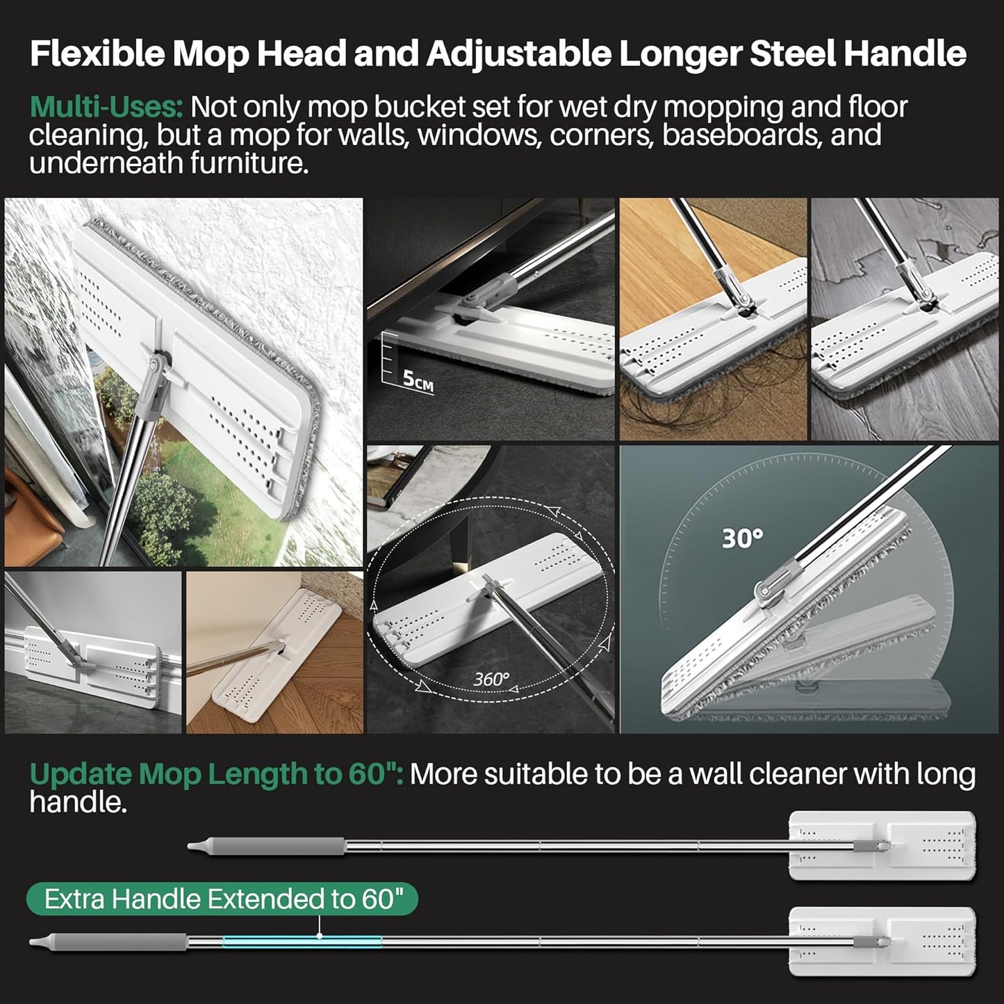 JOYMOOP Mop and Bucket with Wringer Set, Hands Free Flat Floor Mop and Bucket, 60" Mop with 5 Reusable Microfiber Pads, Wet and Dry Use, Floor Cleaning System