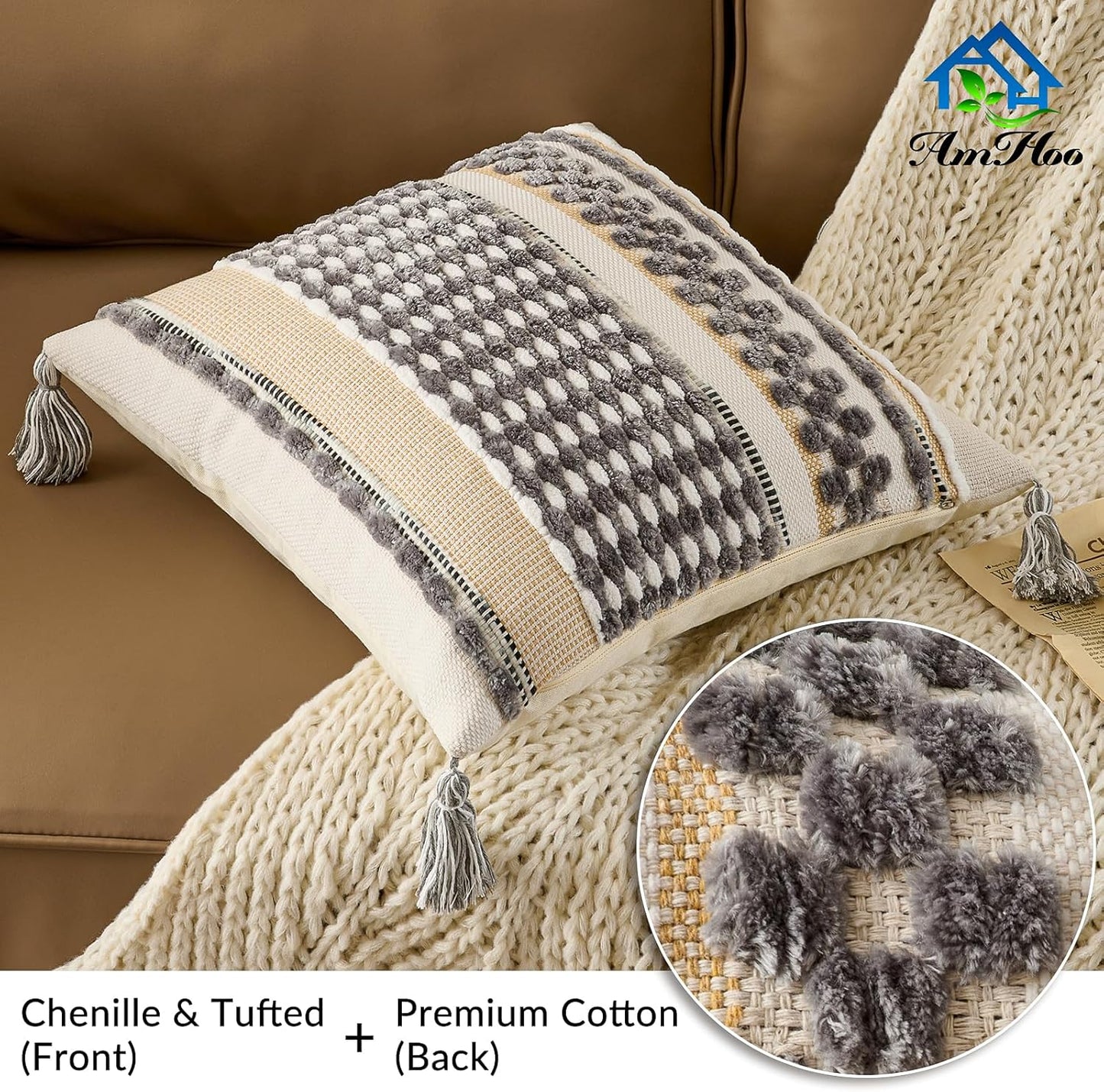 AmHoo Set of 2 Chenille Striped Textured Boho Throw Pillow Covers Aesthetic with Tassels Woven Decorative Pillow Case for Couch Bed Sofa Bedroom Modern Funky 18 x 18-Inch Grey White