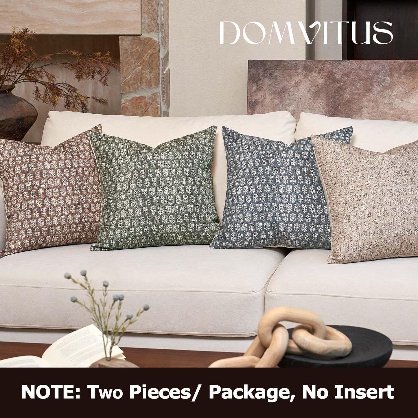 DOMVITUS Floral Pillow Covers Set of 2, 24x24 Pillow Covers, Floral Print Neutral Accent Decorative Pillow Covers for Living Room, Bed, Dusty Blue