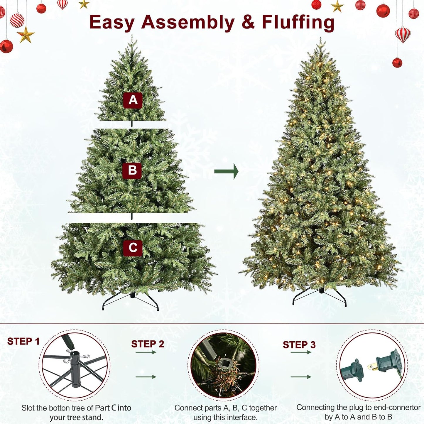 6.5 FT Pre-Lit Artificial Christmas Tree with 1706 PE&PVC Mixed Branch Tips, 450 Warm White Lights, Hinged Premium Spruce Fake Xmas Trees, Green, Foldable Base