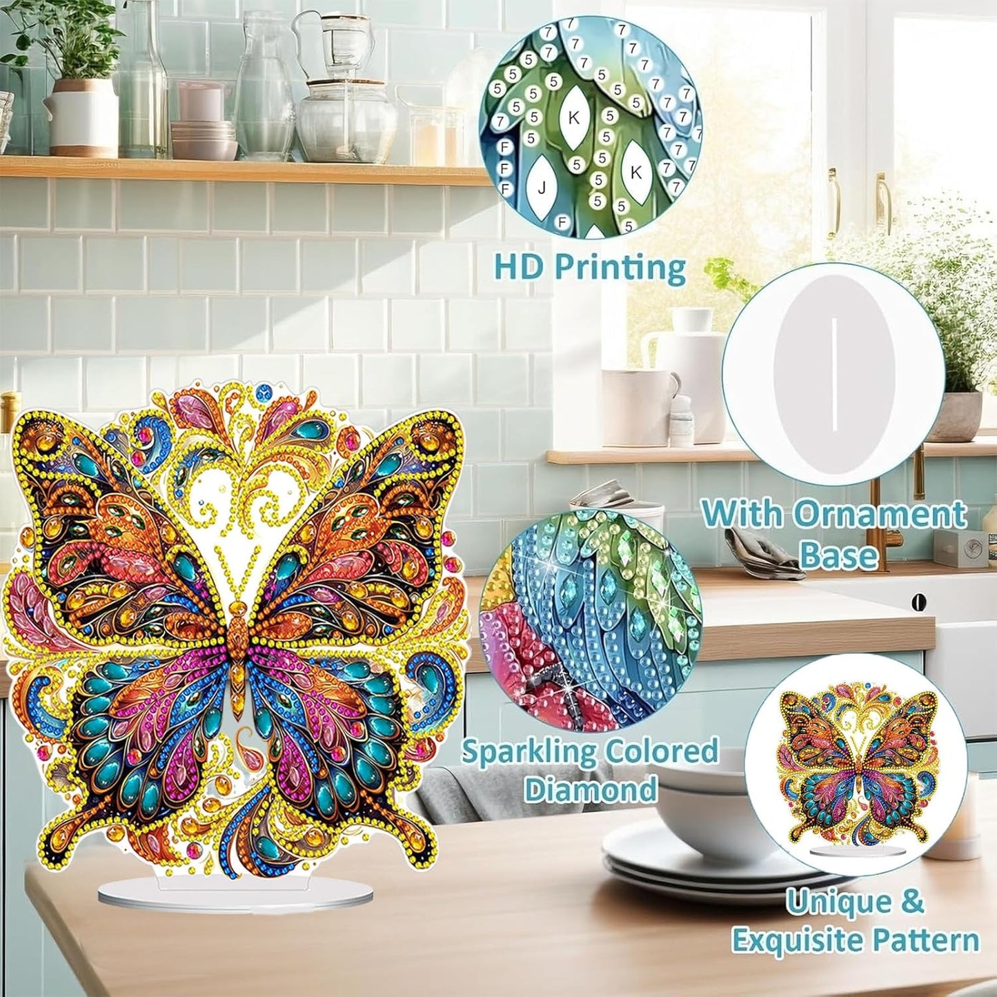 Diamond Painting Kits for Adults Beginners, 5D Full Drill Flowers and Butterfly Crystal Art Desktop Ornament, DIY Single Sided Home Office Desk Decor, Creative Craft Gift Set with Tools