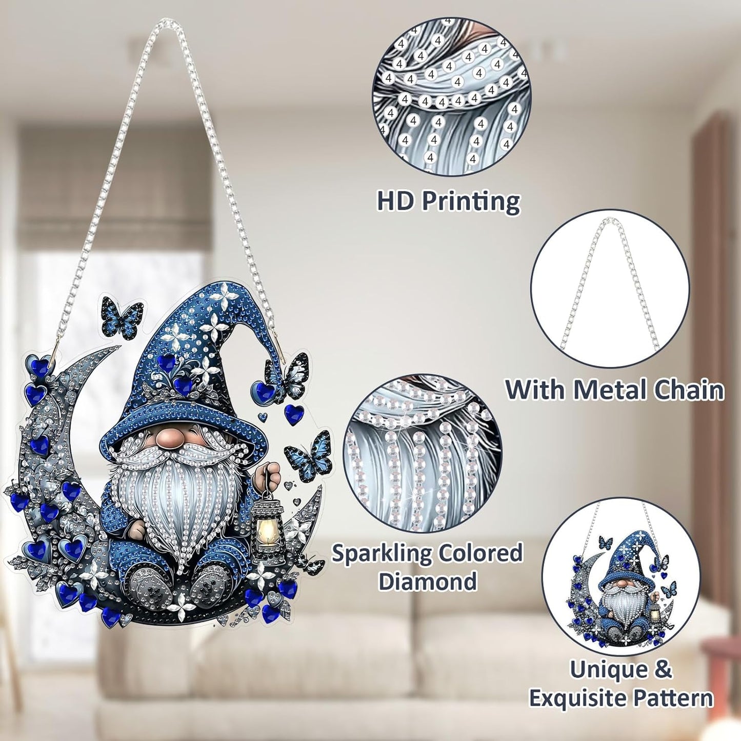 SENQAO Gnome Diamond Art Hanging Kit for Adult, Special Shaped Rhinestone, Double Sided DIY Acrylic Diamond Art Painting Window Pendants Home Garden Wall Hanging Kits Hanging Ornament(Full Moon Love)