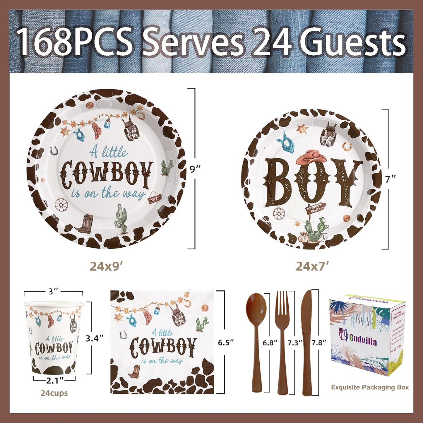 168 Pcs Cowboy Baby Shower Decorations, A Little Cowboy is on the Way Boy,Baby Boy Shower Plates and Napkins Sets Serves 24, Western Baby Shower Decorations, Its A Boy, Brown