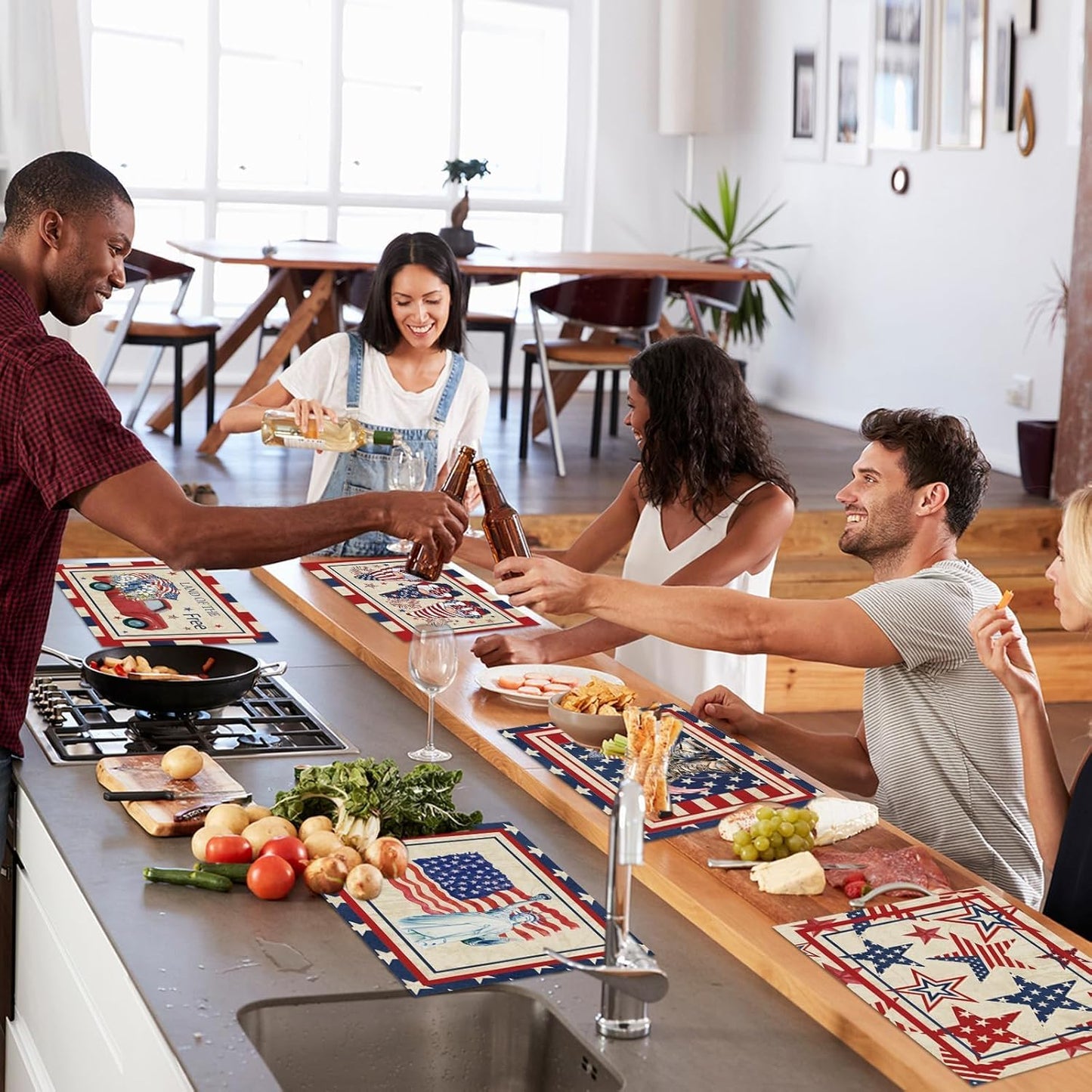 4th of July Placemats Set of 6 Patriotic Plastic Table Mats Independence Memorial Day Vintage America Flag Stars Stripe Place Mats Vinyl Table Decoration for Indoor Outdoor Party Kitchen Dining