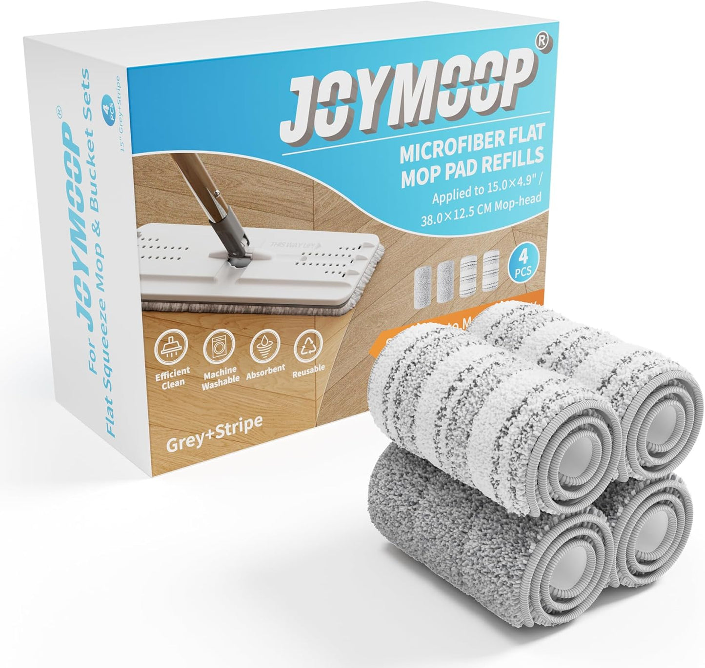 JOYMOOP Flat Mop Pads, Microfiber Mop Cleaning Pads, Washable Pads, Pads Replacement for JOYMOOP Flat Mop or Mop Bucket Set, Pack of 4 Refills 15inch - Grey and Stripe