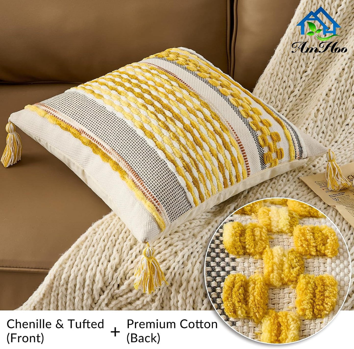 AmHoo Set of 2 Chenille Striped Textured Boho Throw Pillow Covers Aesthetic with Tassels Woven Decorative Pillow Case for Couch Bed Sofa Bedroom Modern Funky 18 x 18-Inch Yellow