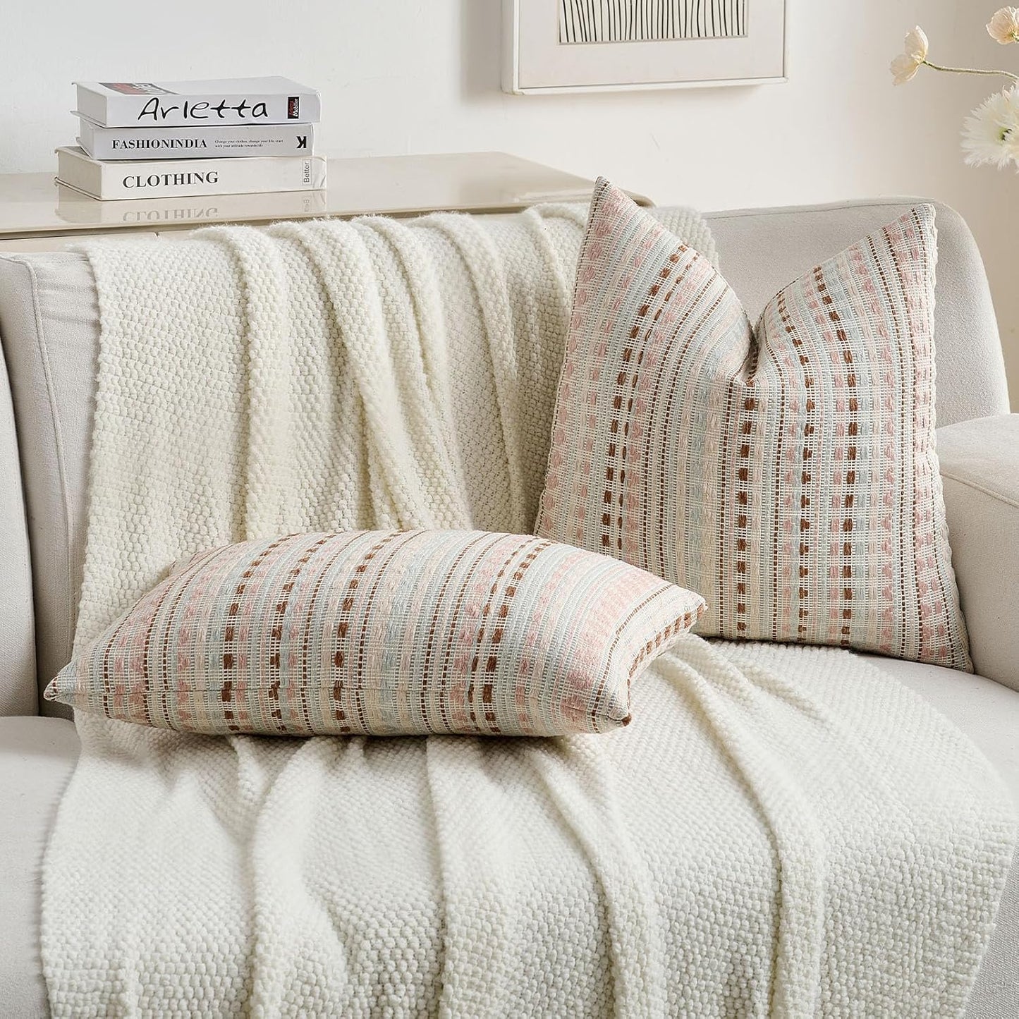 FUTEI Pink Blue Decorative Throw Pillow Covers 24x24 Inch Set of 2,Soft Cozy Chenille Jacquard Textured Euro Pillow Shams,Boho Home Decor for Couch Bed Living Room