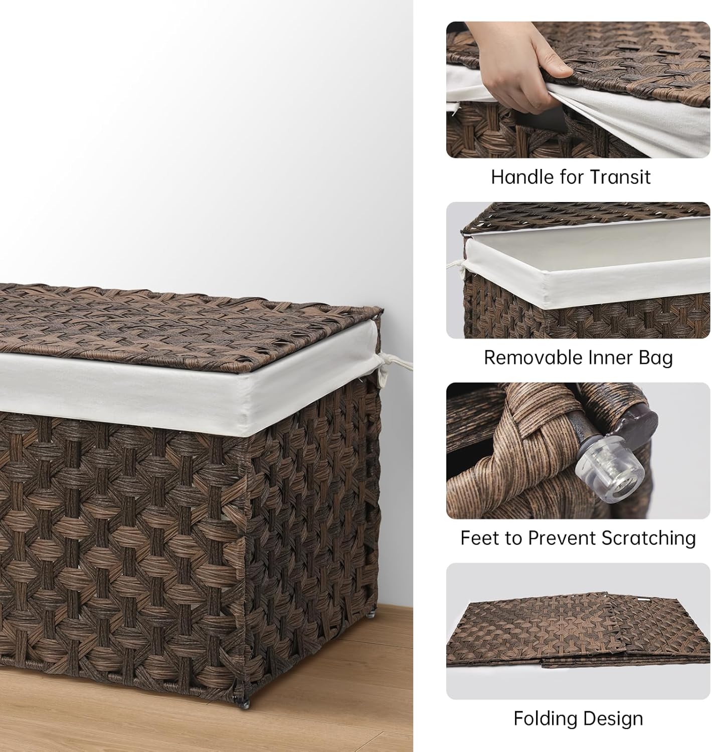 Wicker Storage Basket with Lid, 17.2 Gallon (65L) Small Blanket Basket with Lid, Woven Storage Bin with Handles, Removable Liner, Metal Frame, Foldable, for Bedroom, Laundry Room, Brown