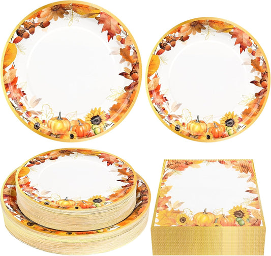 150Pcs Fall Paper Plates and Napkins Party Supplies Autumn Thanksgiving Disposable Plates Napkin Watercolor Maple Leaves Tableware Set for Fall Decor Thanksgiving Party Supplies,Serve 50 Guests