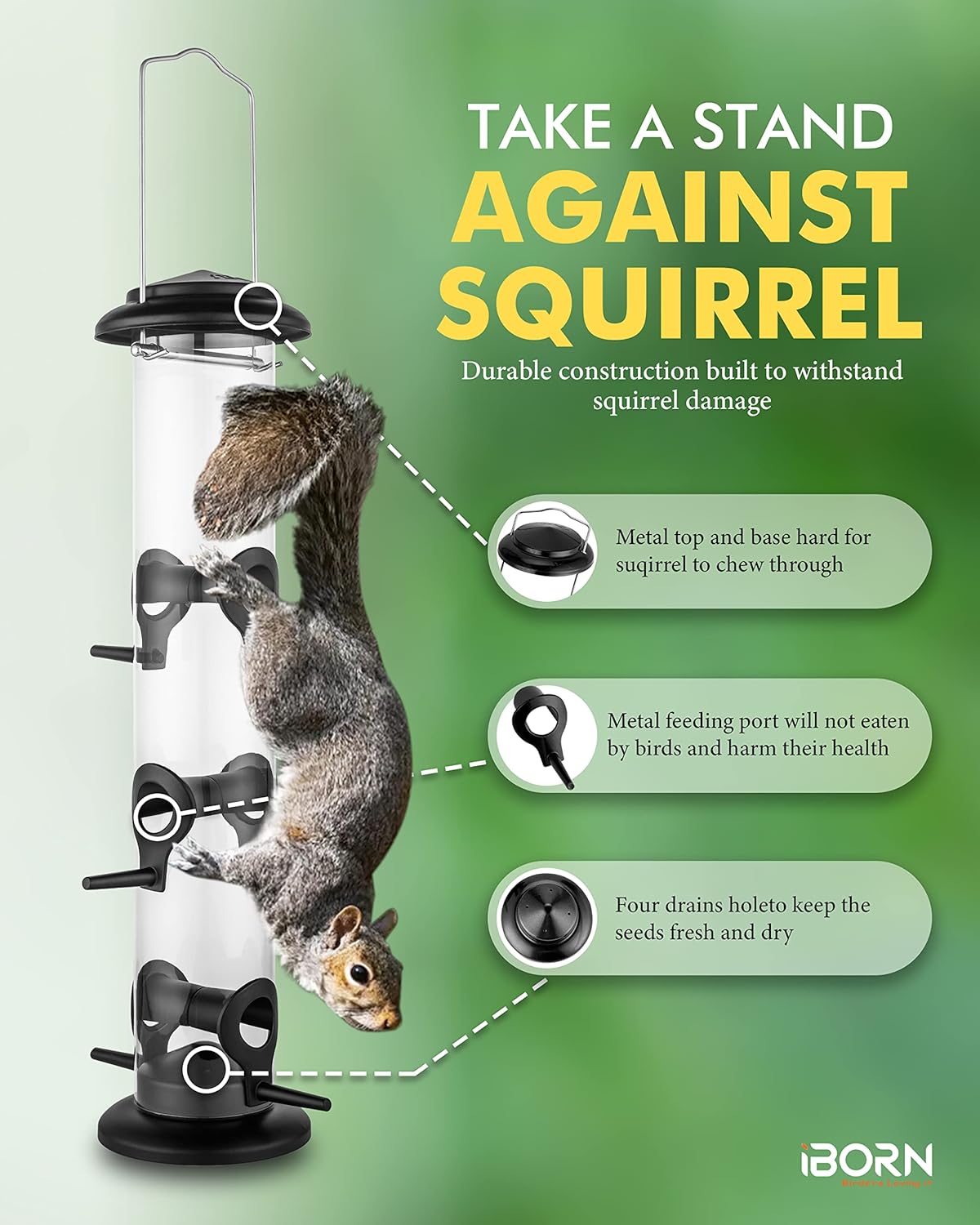 iBorn Metal Bird Feeders Black Wild Bird Feeder for Outdoors Hanging All Metal Black Finishing 14 Inch 6 Port(Seed is not Included)