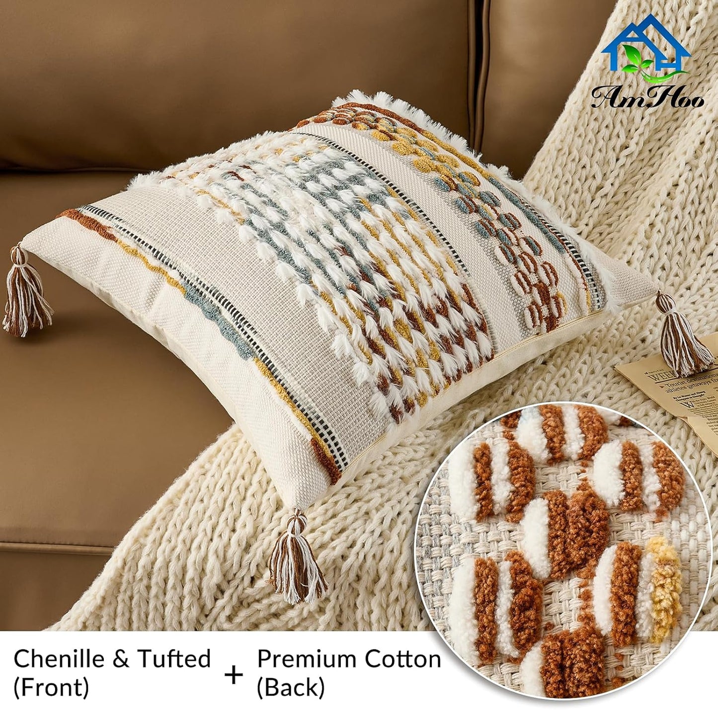 AmHoo Set of 2 Chenille Striped Tufted Textured Boho Throw Pillow Covers Aesthetic with Tassels Woven Decorative Pillow Case for Couch Bed Sofa Bedroom Modern Funky 18 x 18-Inch Brown White