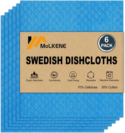 Swedish Dishcloths for Kitchen | 6 Pack Absorbent Cellulose Sponge Cloths Washable | Non-Scratch Reusable Paper Towels Quick Drying Cleaning Cloths - Blue