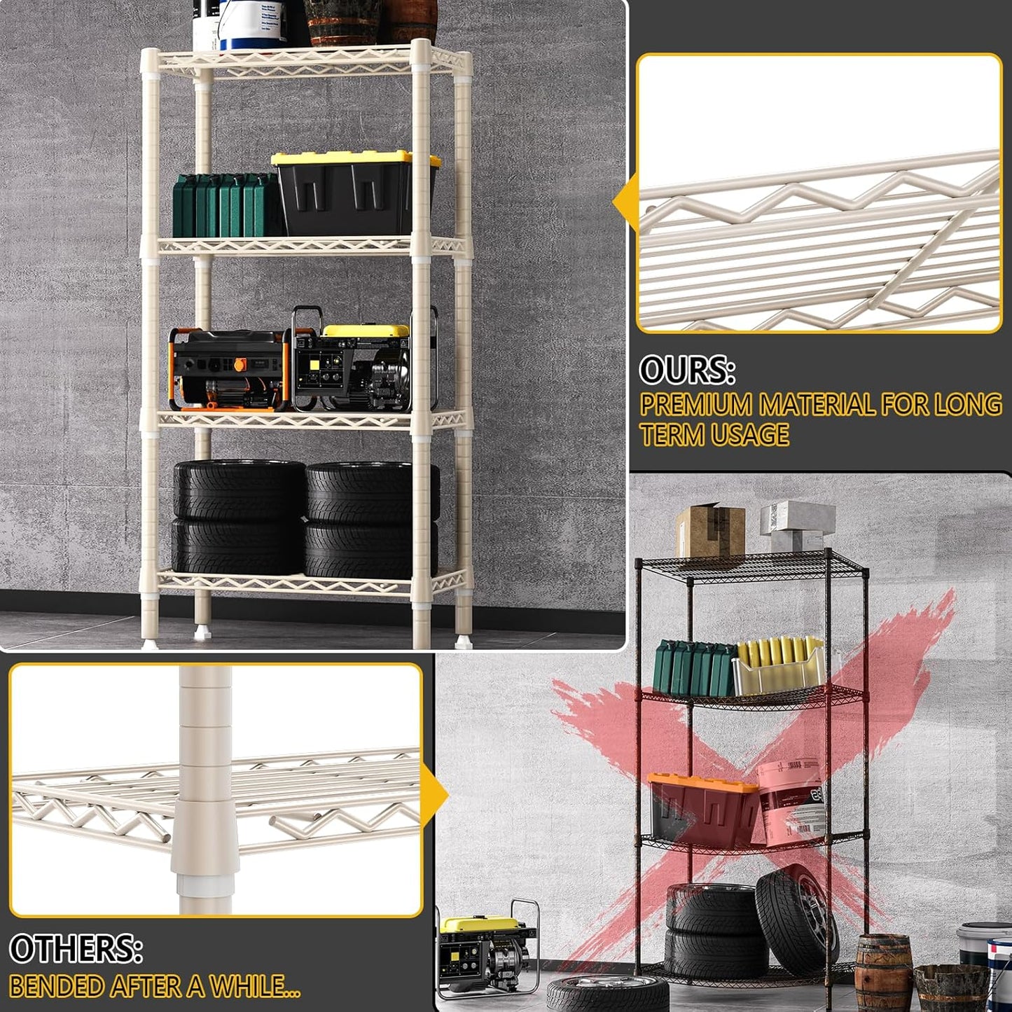 1000 lbs 4-Shelf Standing Storage Shelves Heavy Duty Metal Shelving Unit Adjustable Wire Rack for Office Garage Kitchen, Light Tan 11.8 D x 23.6" W x 47.5" H