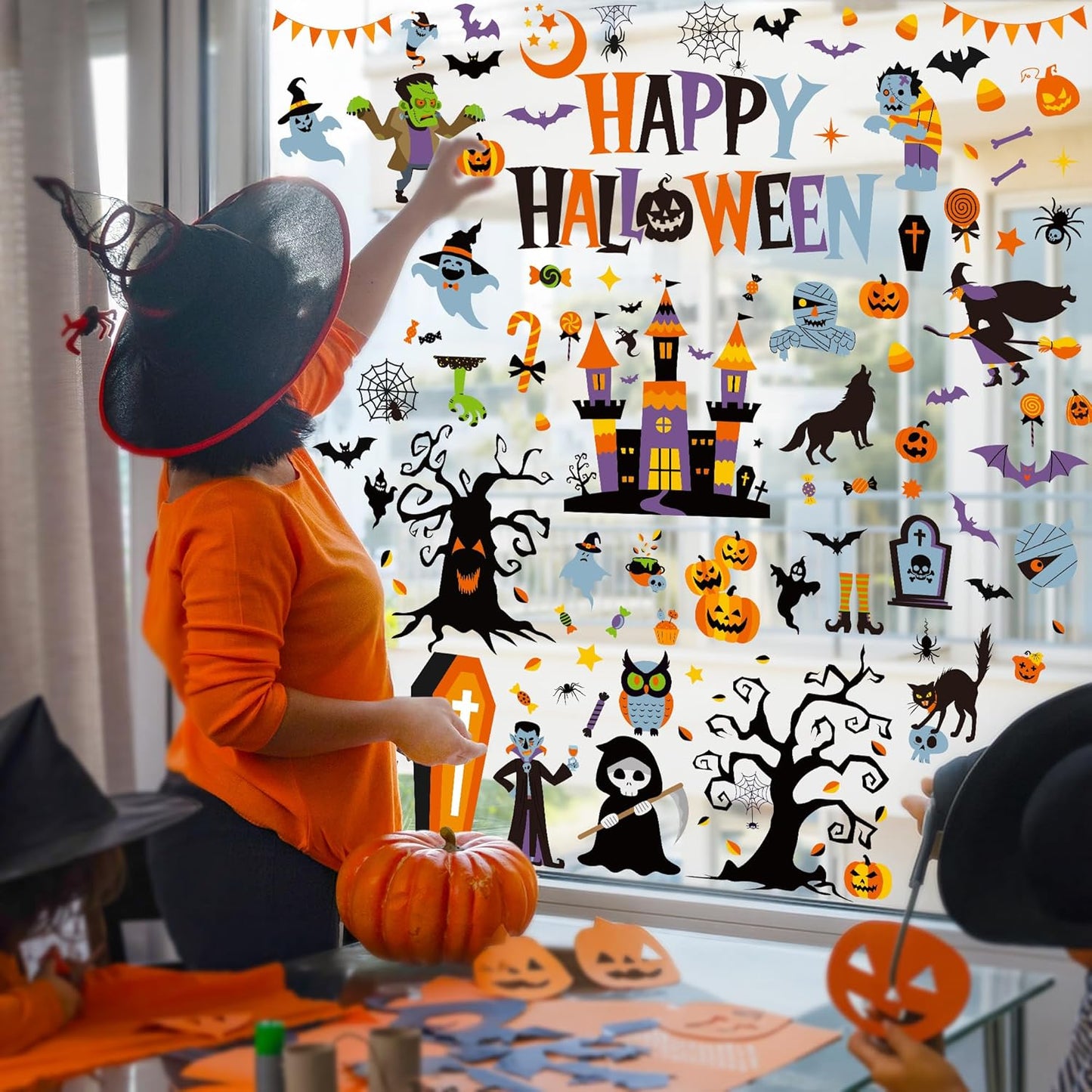 115PCS Halloween Window Clings, 9 Sheets Halloween Decorations, Cute Witch Tree Zombie Ghost Patterns PVC Window Stickers for Treat or Trick Party Favors Decal Supplies Decor Accessories