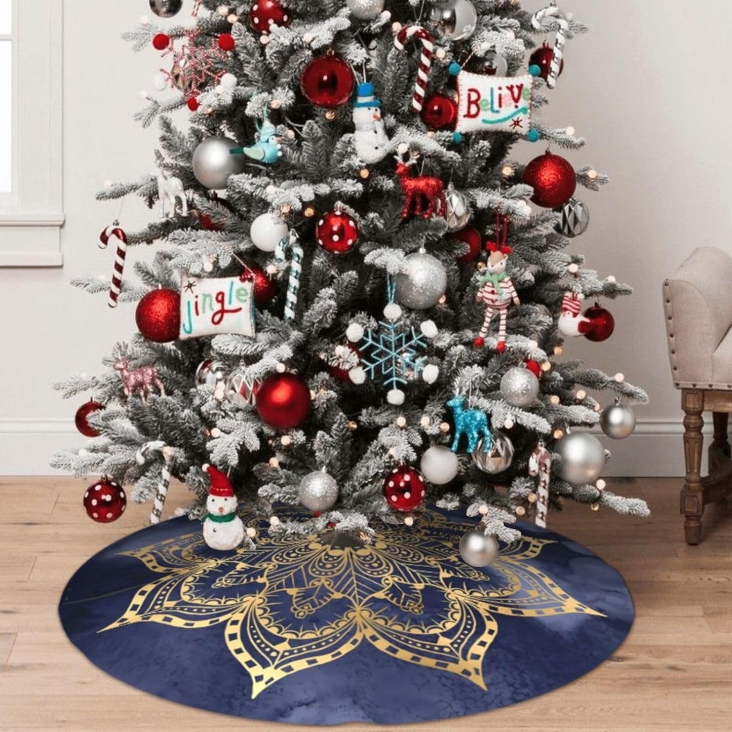 36" Large Christmas Tree Skirt, Boho Mandala Gold Navy Blue Ink Texture Round Cushion Pattern Tree Mat Base Cover for Xmas Festive Holiday Party Decoration Ornaments