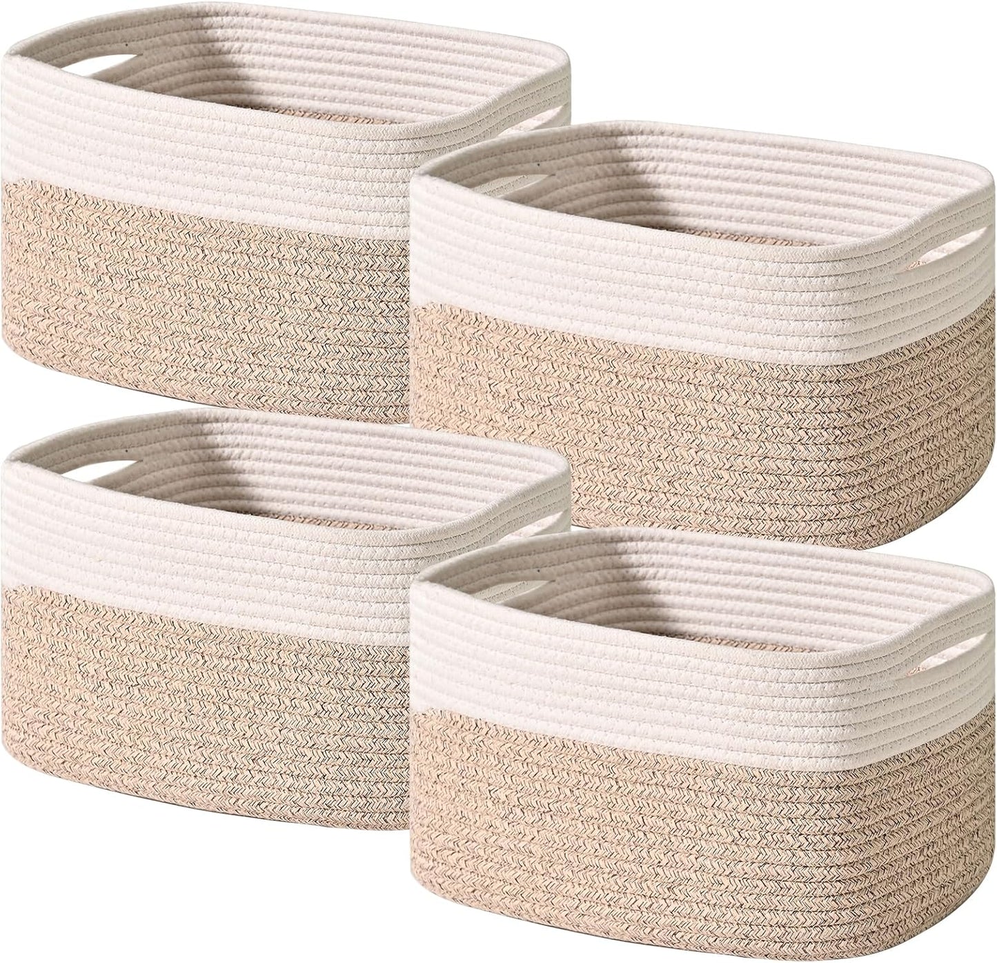 Storage Baskets for Shelves, Woven Storage Basket, Bins for Cube Storage, Cotton Rope Basket with Handles for Toy, Book, and Clothes Living Room, (4 Packs) Off White & Brown