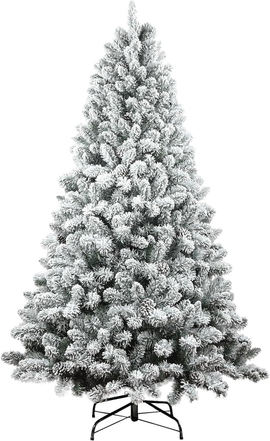 7ft Snow Flocked Christmas Tree, Premium Hinged Unlit Artificial Christmas Pine Tree with Pine Cone, Artificial Xmas Tree for Home Office Store, Metal Stand and Hinged Branches