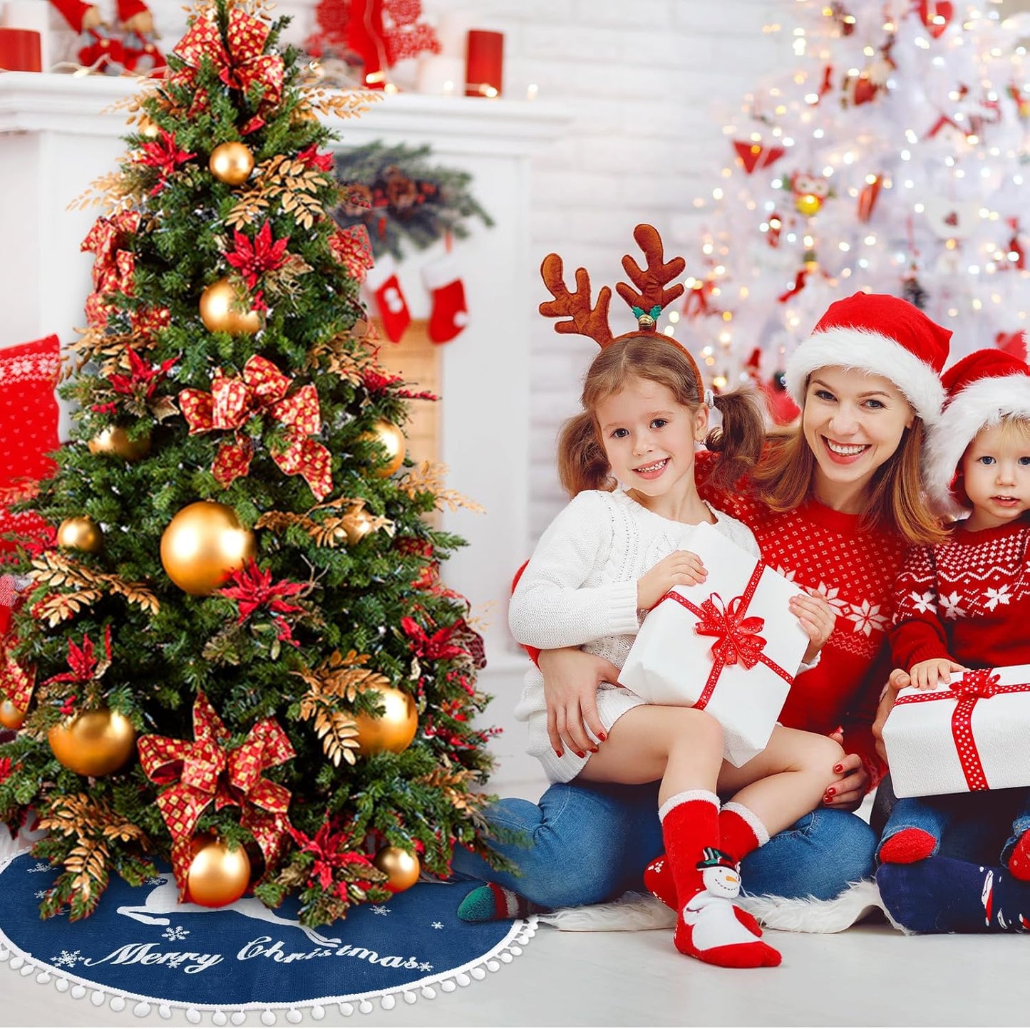 24 Inch Christmas Tree Skirt, Burlap Blue Christmas Rustic Tree Skirt with Elk Deer and White Snowflake Printed for Holiday Party Xmas Tree Decoration