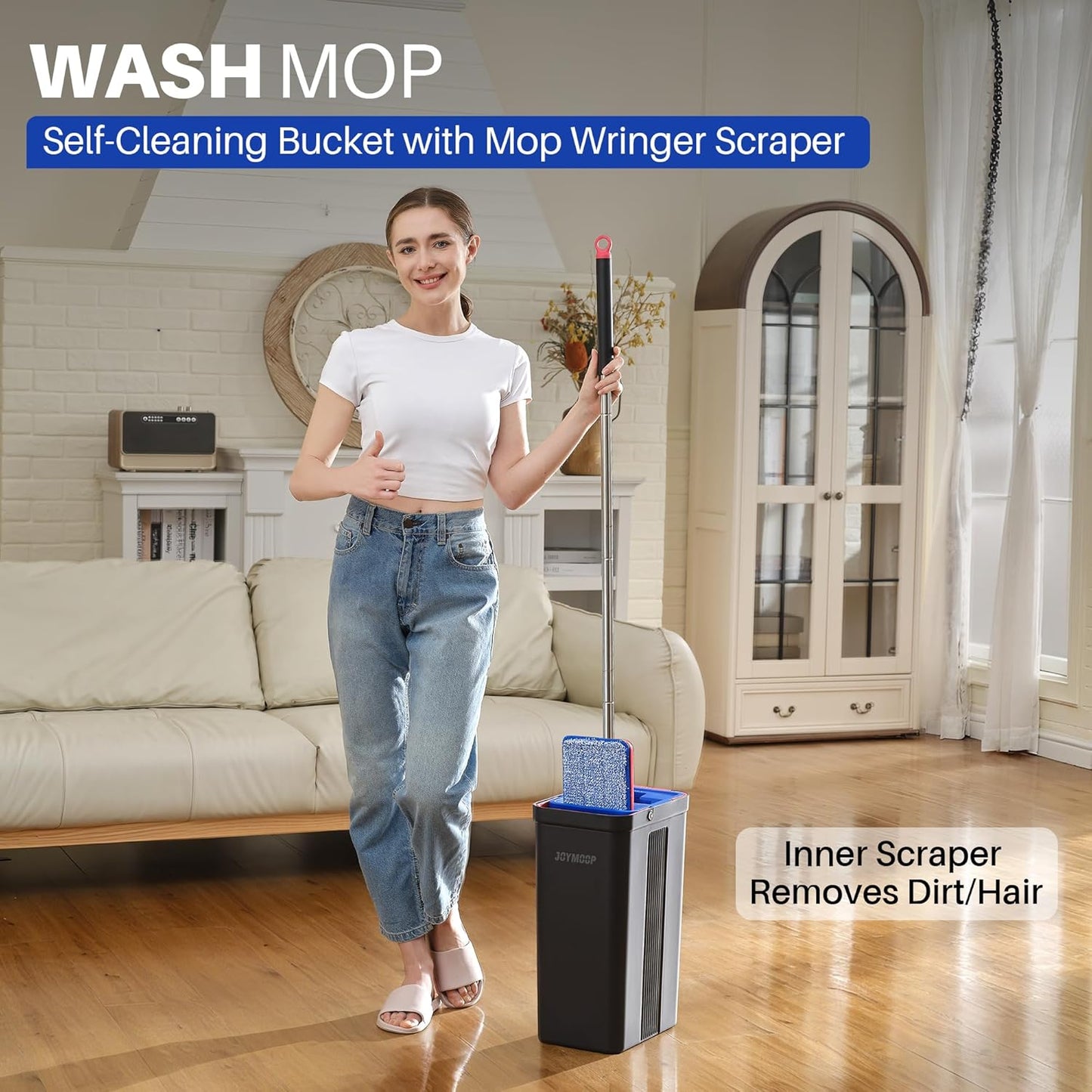 JOYMOOP Mop and Bucket with Wringer Set, Hands Free Flat Floor Mop and Bucket, with 6 Washable Microfiber Pads, Wet and Dry Use, Floor Cleaning System - Black+Red+Slate Blue