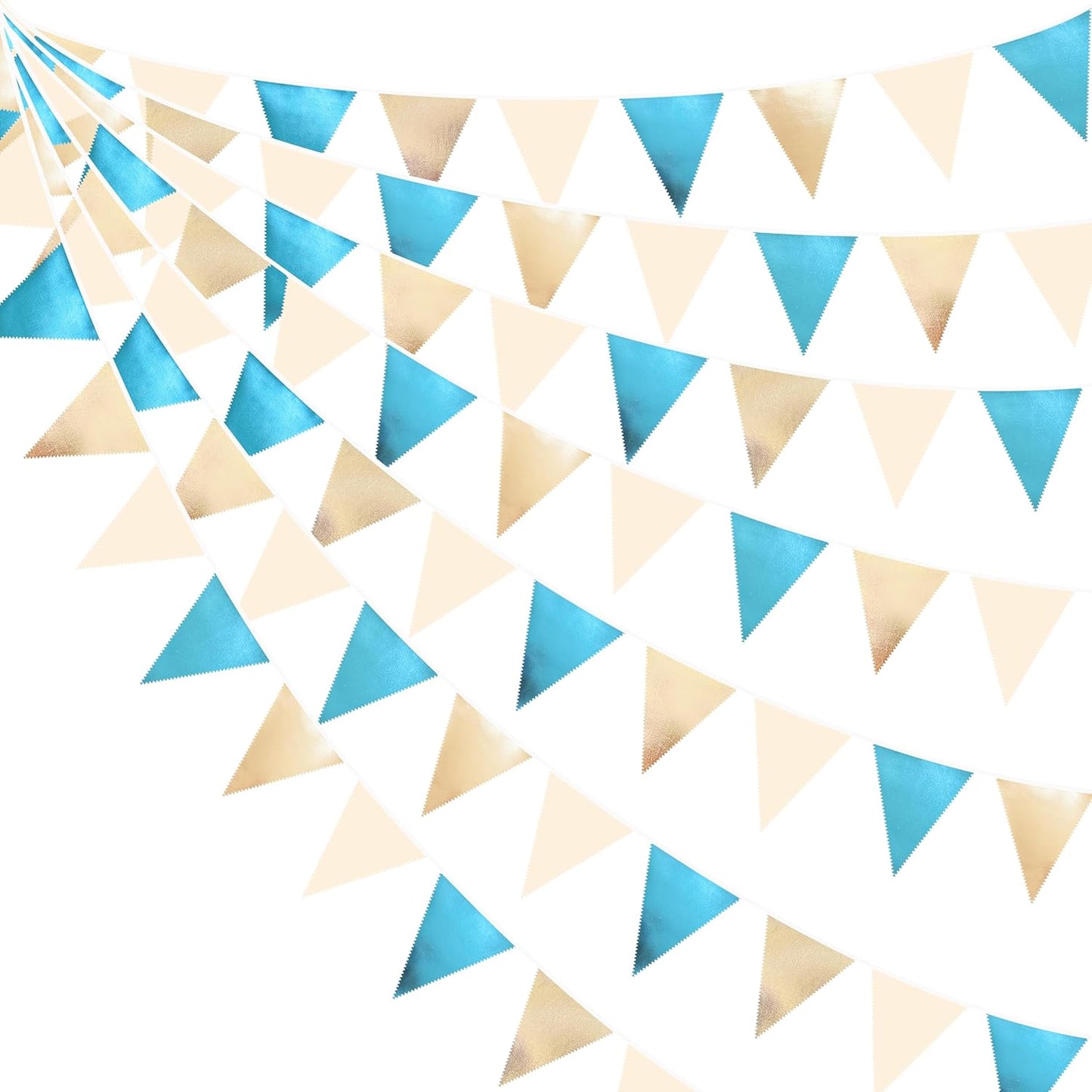 Champagne Gold Sky Blue Beige Decorations Metallic Fabric Triangle Pennant Banner Bunting Flag Garland for Birthday Baby Shower Engagement Wedding Graduation Bridal Shower Party Decorations Supplies
