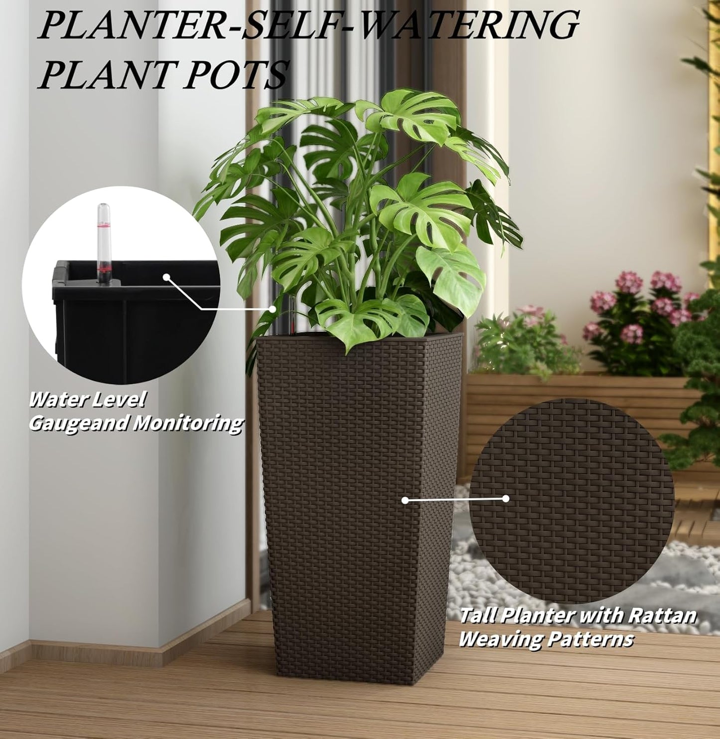 30in Tall Large Plant Pots Planter-Self-Watering Indoor/Outdoor Planting with Drain Holes, Water Level Monitor, Inner Bucket for Front Porch Patio, Brown Large
