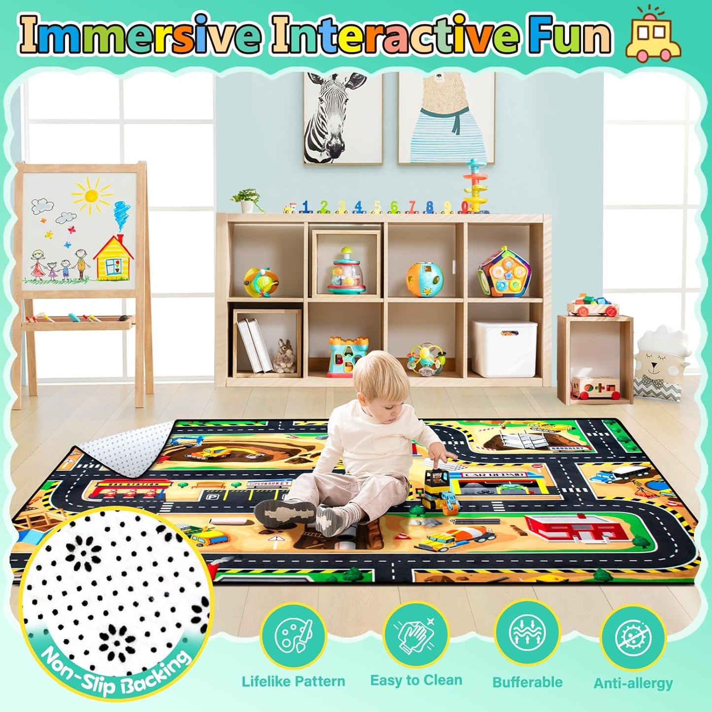 Kids 5x7 Ft Construction Site Play Rug, Baby Play Mat, Tufted Wool & Rubber, Non-Slip, Stain & Fade Resistant, Machine Washable, Rustic Cartoon Construction Site Pattern