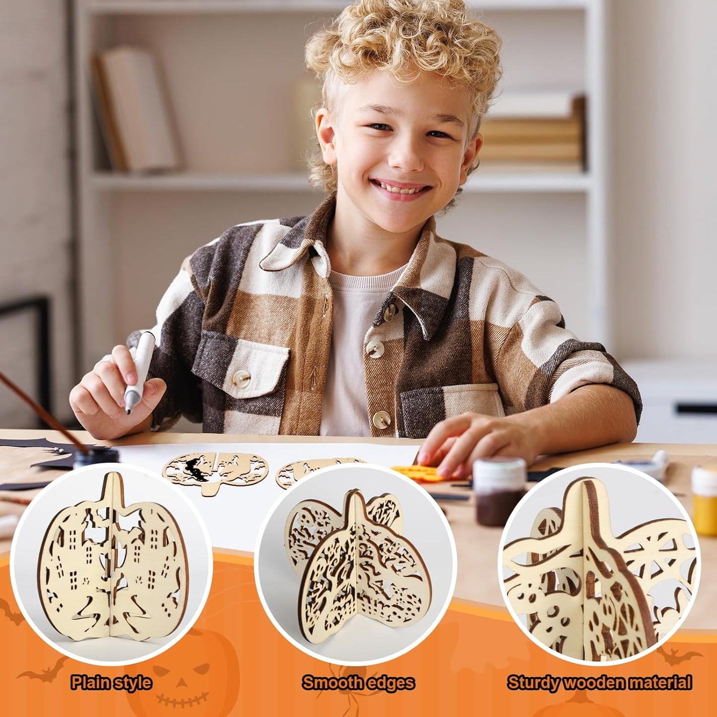 COCHIE DIY 3D Halloween Pumpkin Wood Crafts to Paint for Kids Adults, Paintable Unfinished Wooden Slices for Craft, Cutouts Ornaments for Painting Decorations (24 PCS)