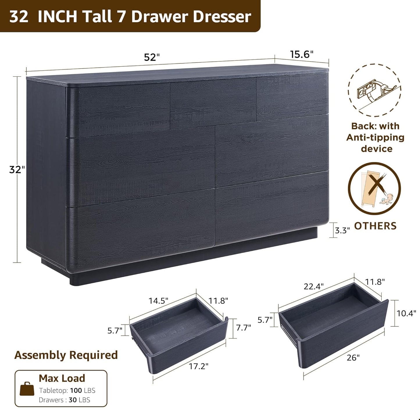 Modern 7 Drawer Dresser for Bedroom, 52" Wide Handleless Chest of Drawers, Push-to-Open Large Wood Storage, Dresser TV Stand for Bedroom, Living Room, Hallway, Curved Profile, Black