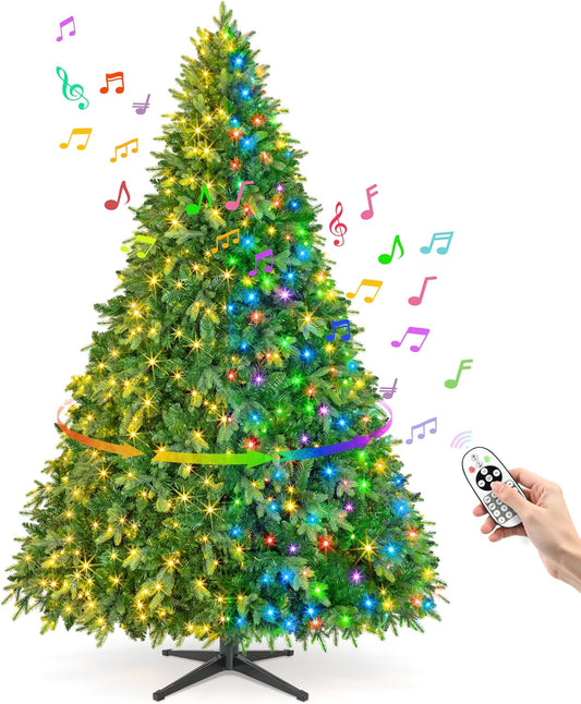 7.5FT Pre-Lit Christmas Tree with Remote Control, Multi-Color LED Lights, Musical Rotating Christmas Tree Stand, Easy Assembly in 3 Sections, Foldable Metal Stand for Home Holiday Decor