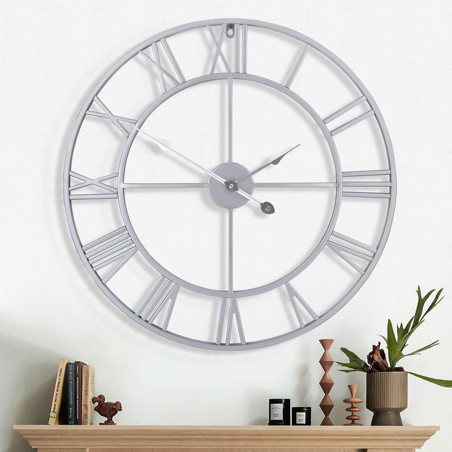 1st owned Large Wall Clock Silent Non-Ticking Roman Numerals Vintage Battery Operated (24 inch,18inch,16inch) Farmhouse Wall Clock for Living Room, Bedroom, Kitchen, Cafe Decor-Silver 47CM